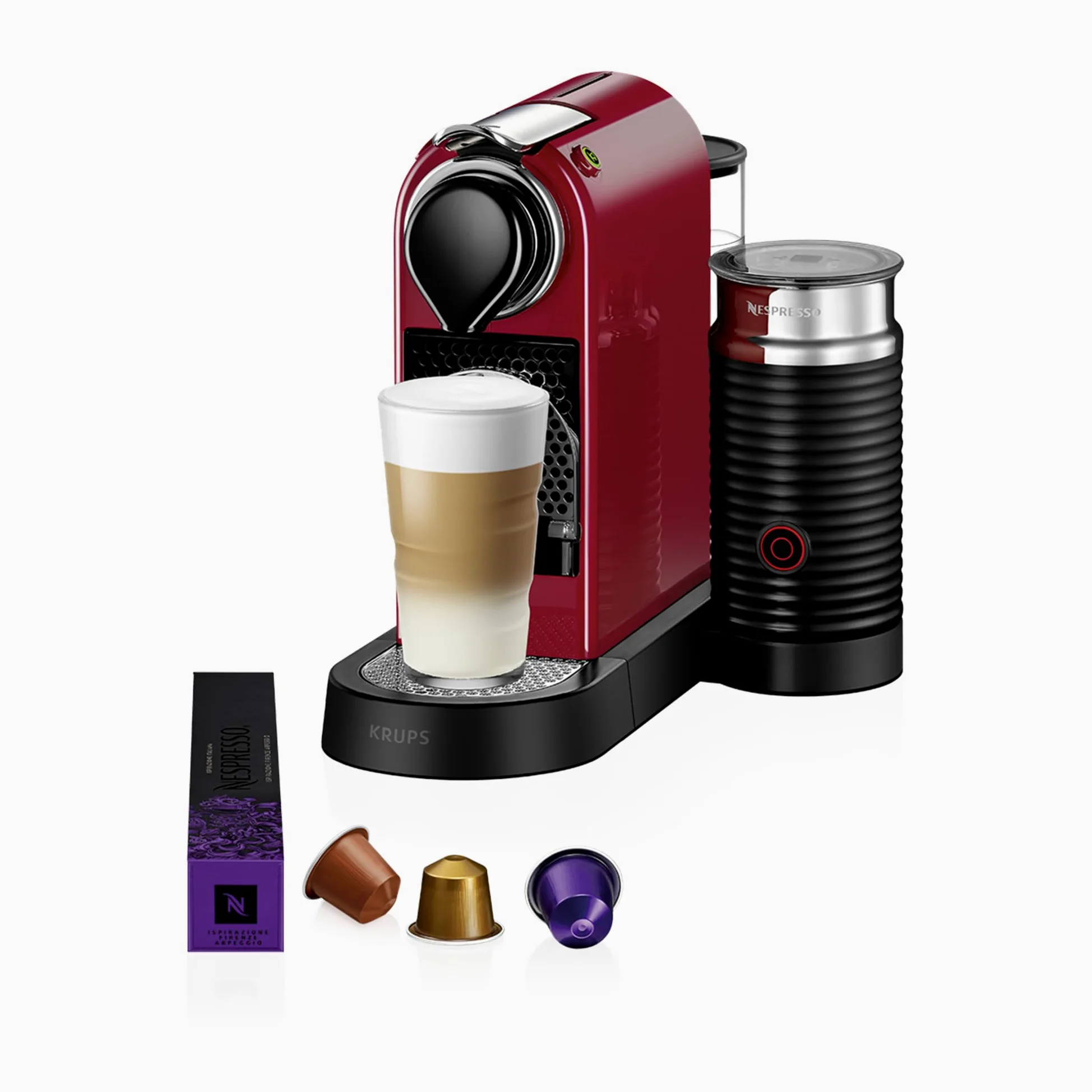 Krups Nespresso Citiz & Milk XN7615 - Cafetera de cápsulas monodosis, con 19 bares de presión, thermoblock, capacidad 1L, función automática, con Aeroccino, color Rojo, incluye pack de bienvenida