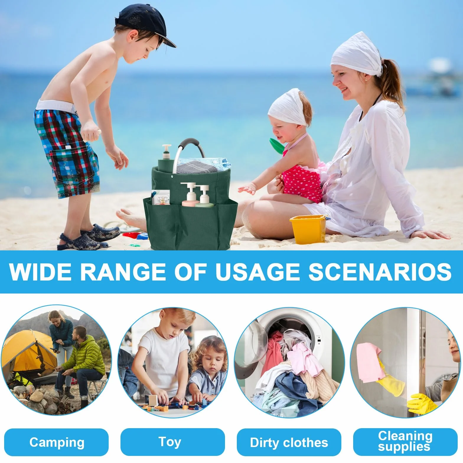 Organizador de productos de limpieza, bolsa de limpieza plegable con asa y 6 bolsillos para el hogar, jardín y baño, portátil y ahorra espacio, verde