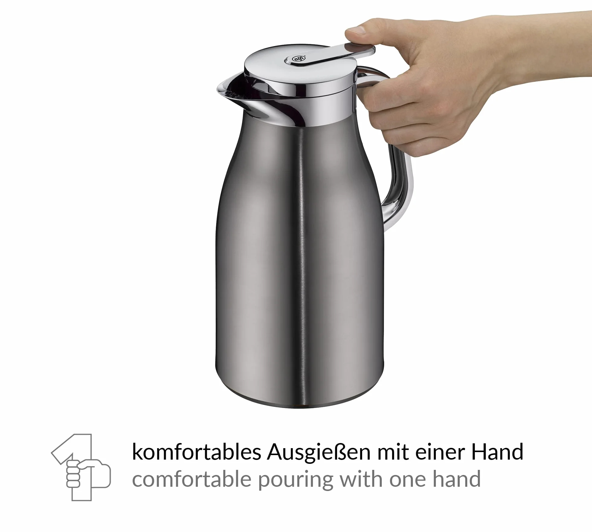 alfi SKYLINE 1,0 l, jarra isotérmica de acero inoxidable con inserción higiénica de vidrio duro, tapón de rosca con cómodo pulsador, mango ergonómico a una mano, ideal como jarra de café o té, sin BPA