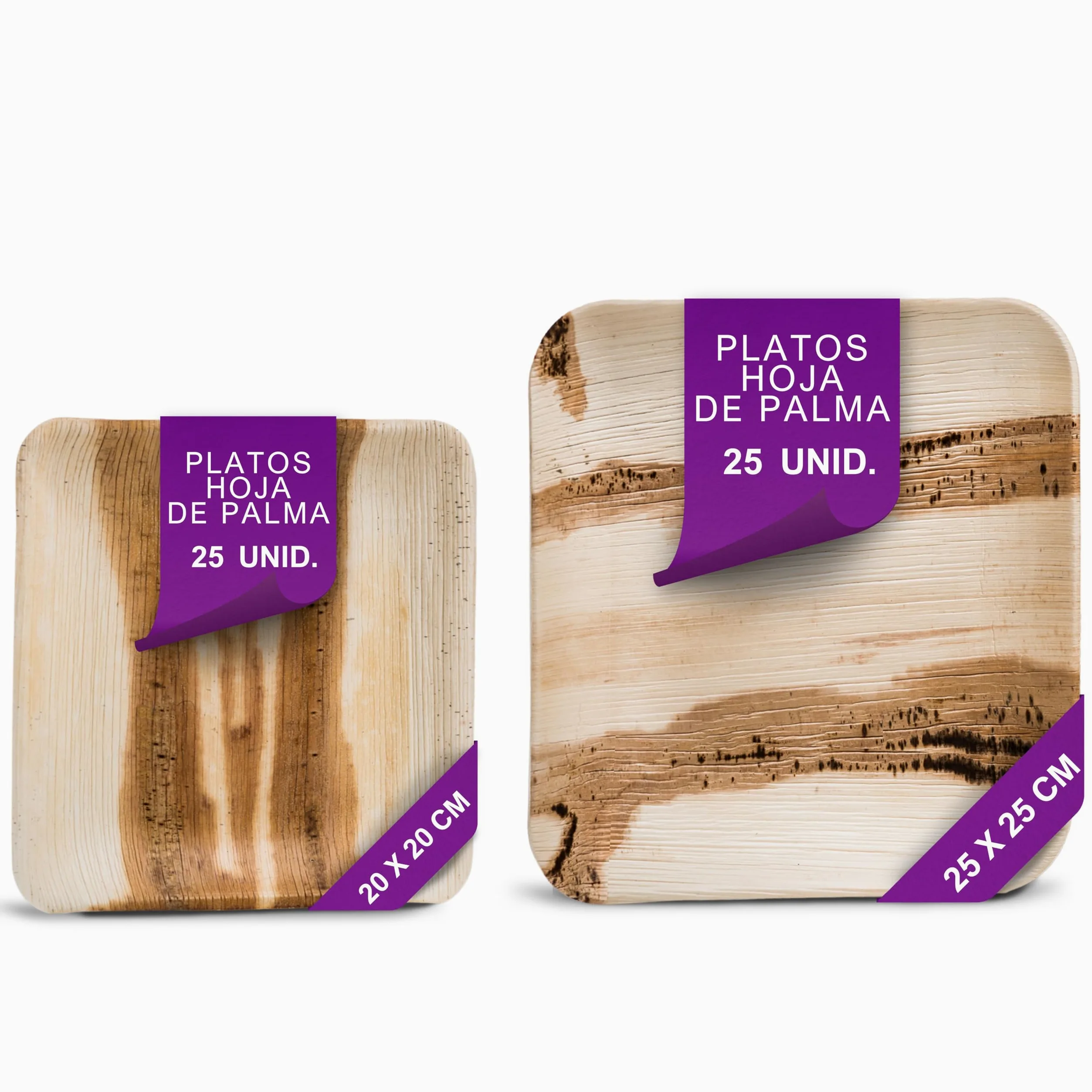 Platos Desechables Cuadrados de Hoja de Palma Orgánicos - Conjunto de 25 pz. 20x20 cm y 25 pz. 25x25 cm