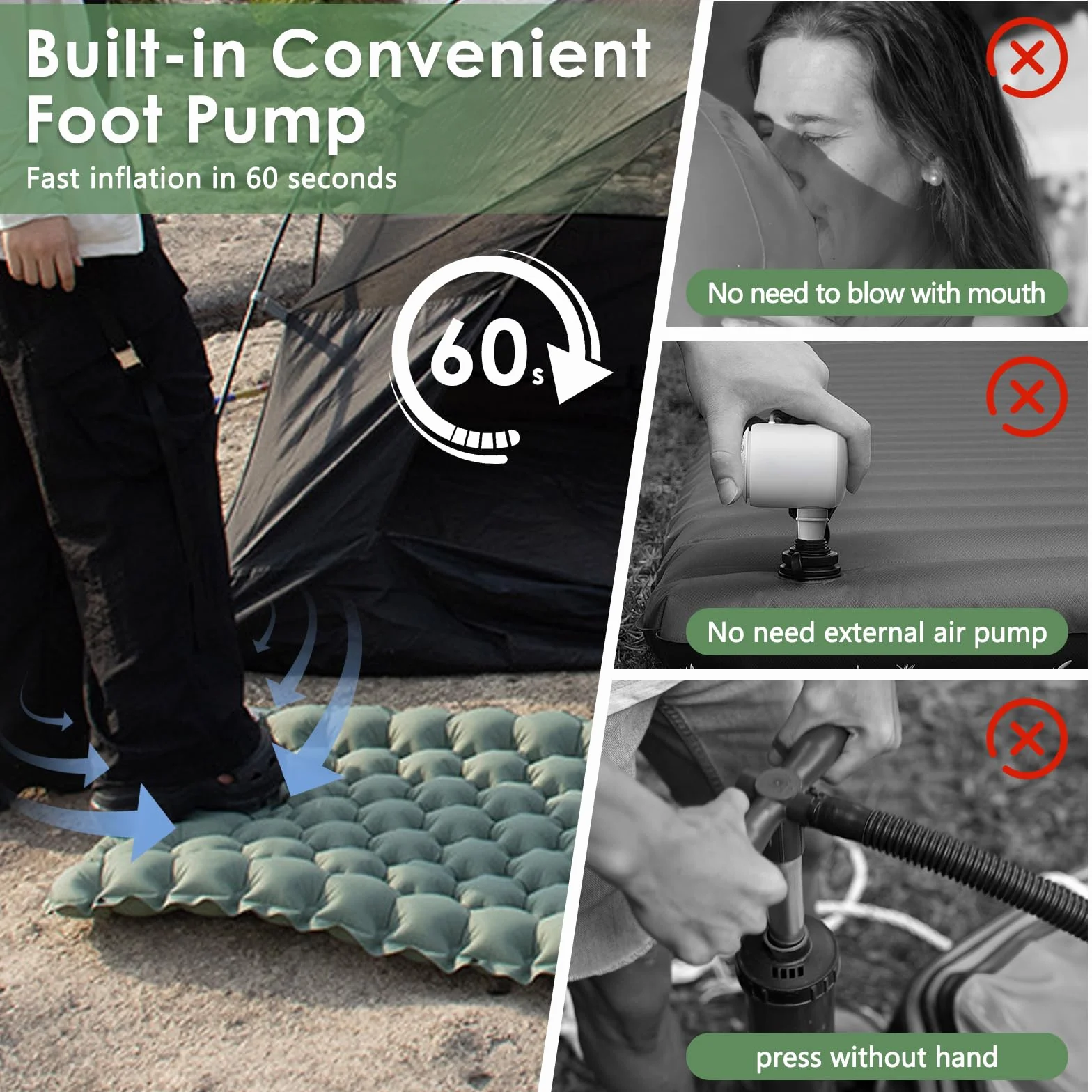 Colchón de Aire Autoinflable con Almohada, Esterilla Camping Portátil Verde, Bomba de Pie Incluida