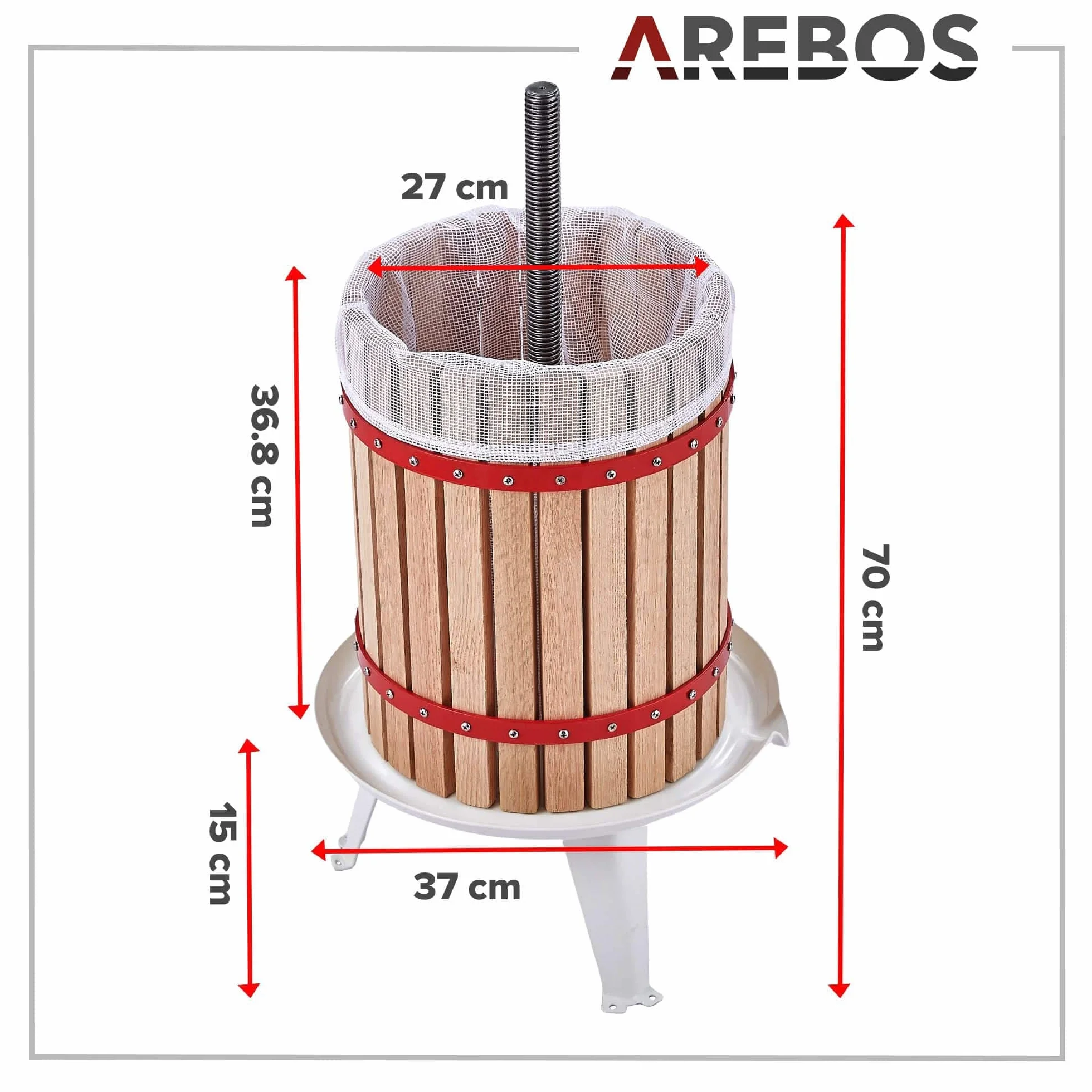 Arebos Prensa de Frutas 18L | Exprimidor Manual I Prensa de Bayas Incl. Tela de prensar, Placa de presión y husillo metálico I para Todo Tipo de zumos y Verduras