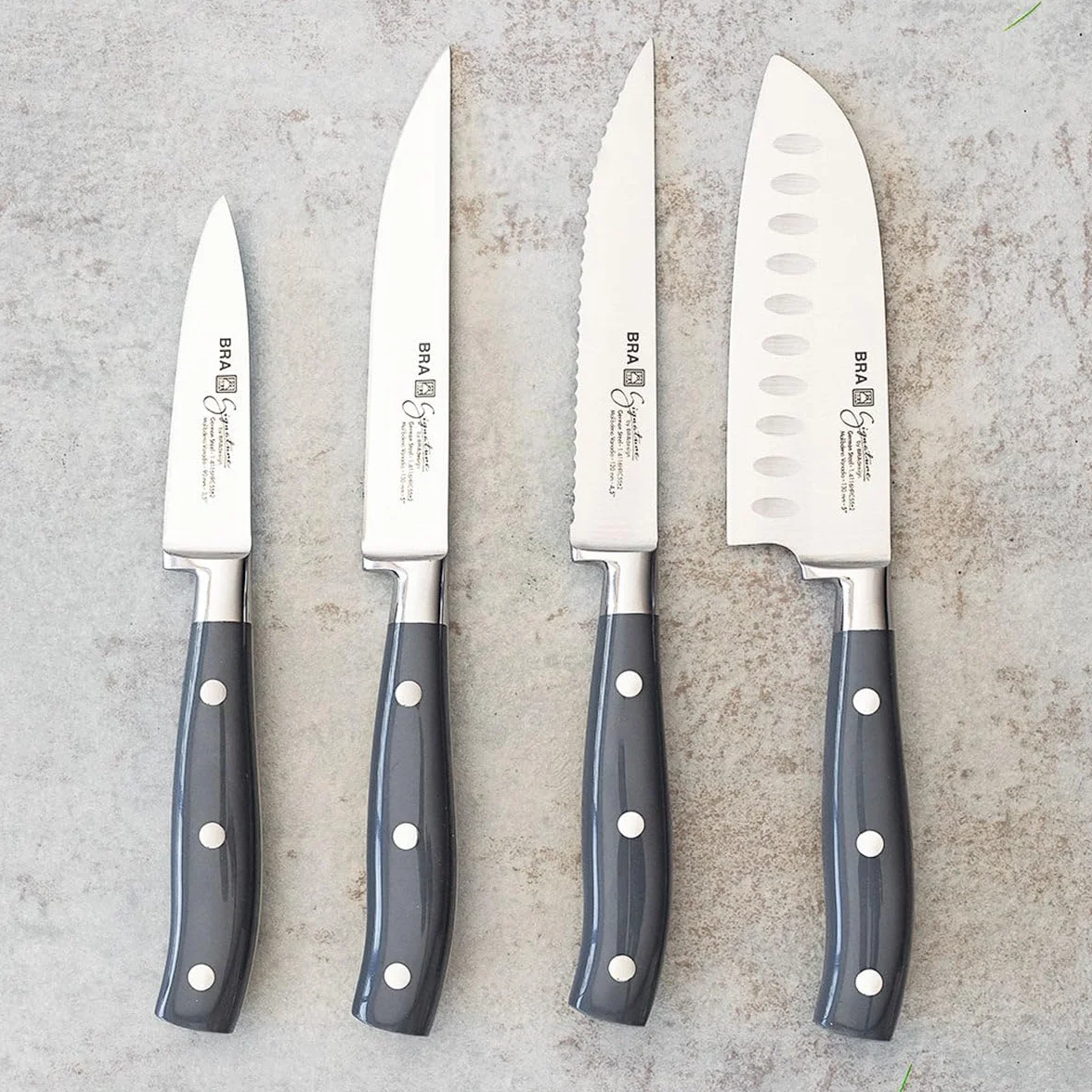 BRA Signature | Cuchillo santoku 130 mm, Acero Inoxidable alemán forjado con Molibdeno Vanadio, Mango Remachado ABS, Diseño Ergonómico, Hoja 1,6 mm espesor