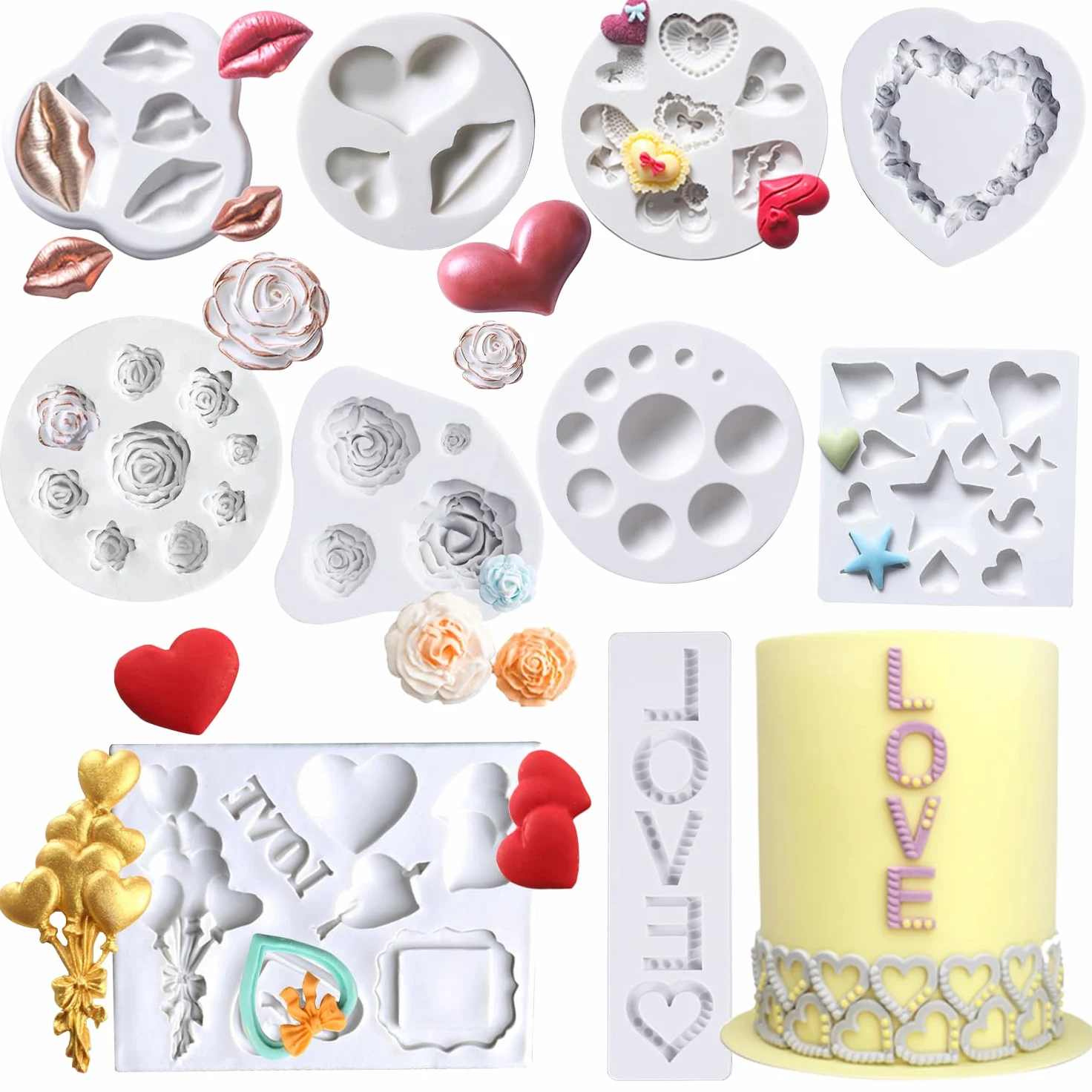 Juego de 10 moldes de silicona para fondant para el día de San Valentín, con forma de corazón, para labios, letras de amor, moldes de chocolate rosa para hornear, cupcakes, dulces, jabón