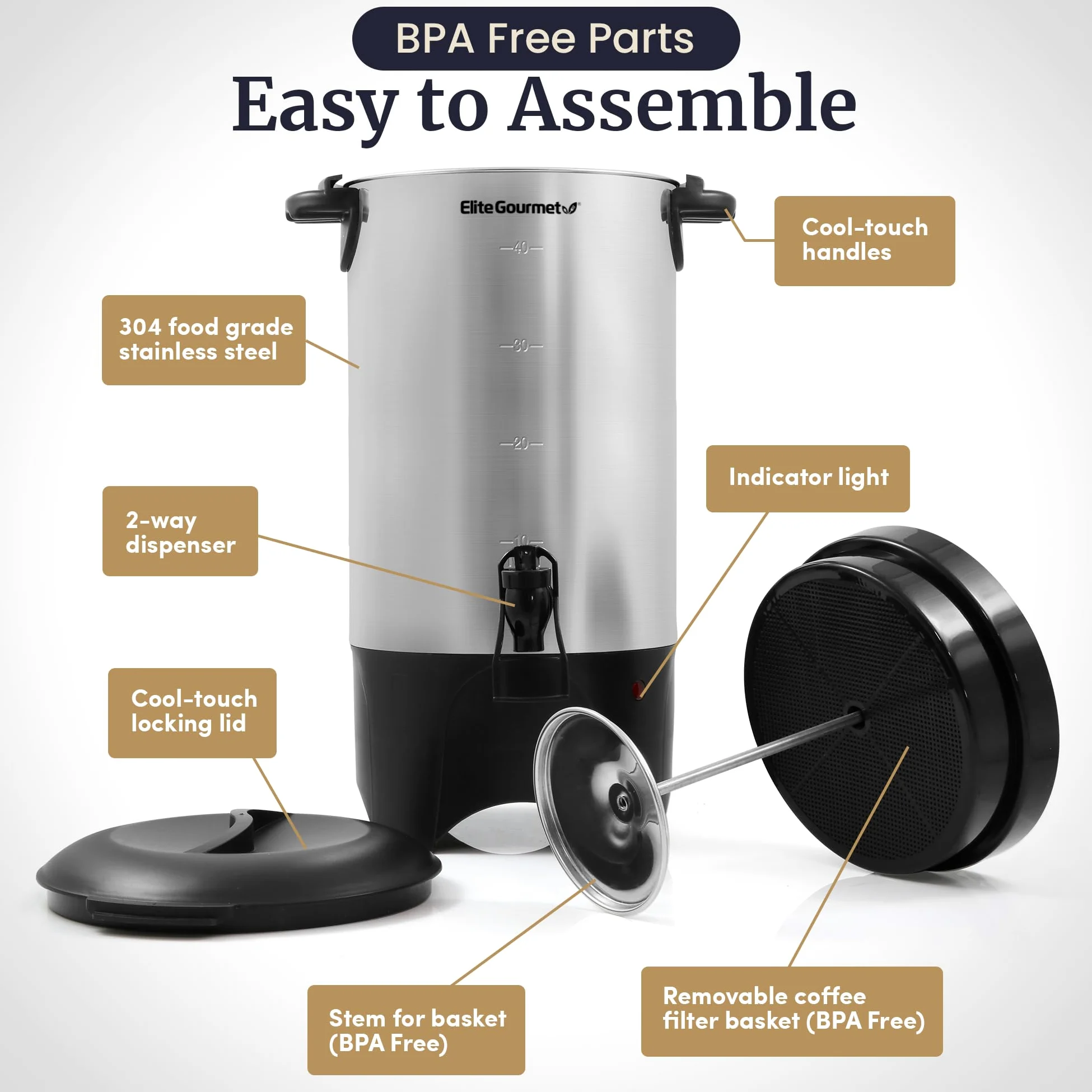 Elite Gourmet CCM040 - Urna de café (acero inoxidable, filtro extraíble para una fácil limpieza, dispensador bidireccional con asas frías al tacto, urna eléctrica para cafetera