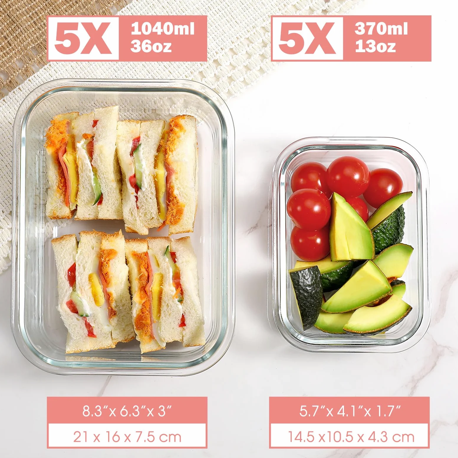 YASHE 10 Piezas Recipientes de Vidrio con Tapas Herméticas, Reutilizables, Apto para Microondas, Horno, Congelador y Lavavajillas, Sin BPA, Fiambrera Cristal, Rosa