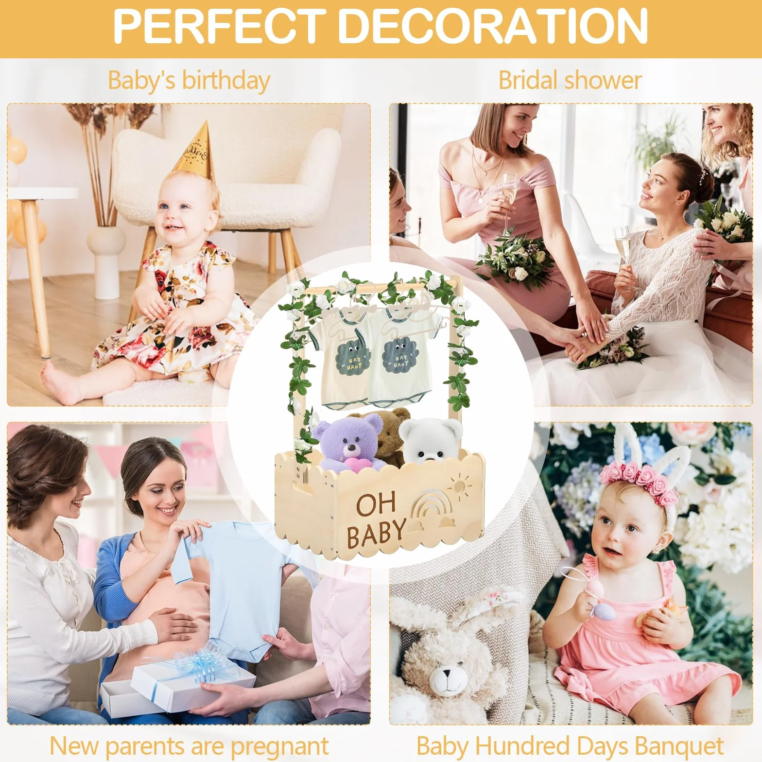 Cesta de Madera para Baby Shower con Rosa y 5 Perchas Regalo Personalizado