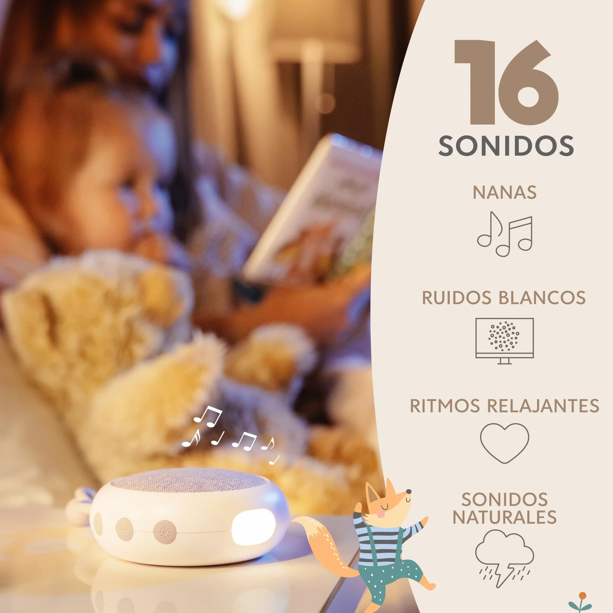 Sweety Fox Máquina Ruido Blanco Bebe 15 Sonidos Recargable por USB Luz Nocturna Musica para Dormir
