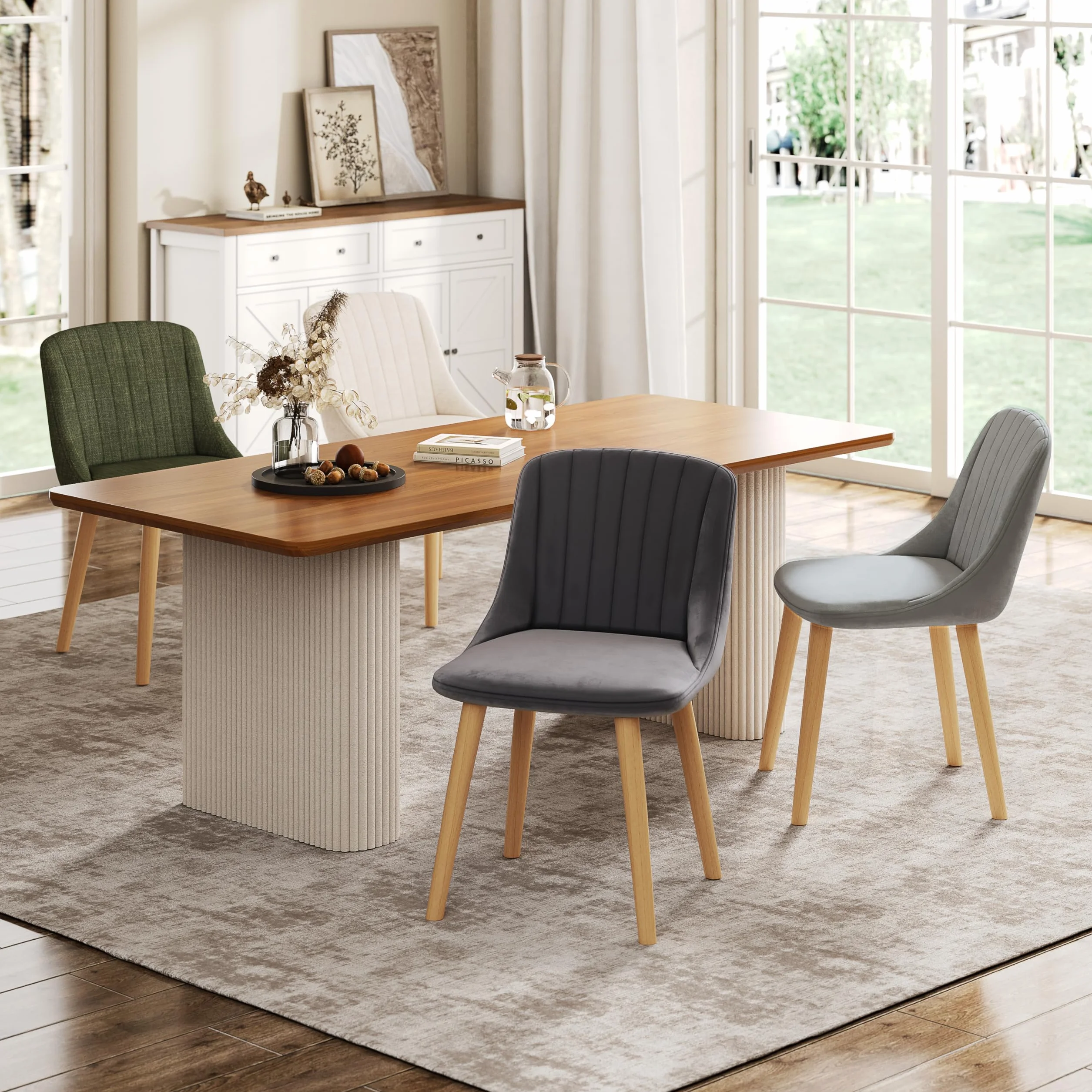 Silla Comedor Set 6 Cómodas Sillas Comedor Pata Madera Diseño Silla Tapizada Lino Beige
