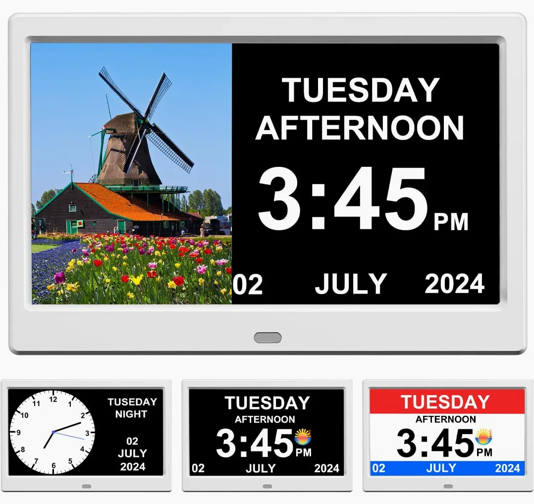 Reloj despertador con día y fecha para personas mayores, calendario digital, marco de fotos, pantalla regulable automáticamente, 15 opciones de alarma, reloj con día y mes no abreviados (10