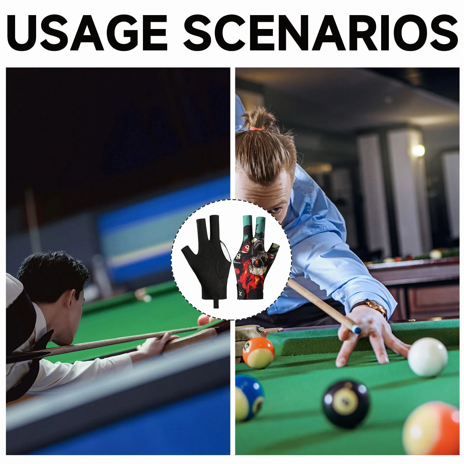 VINZOR Guante de Billar Profesional con Diseño de Calavera, Transpirable, Antideslizante y con Buen Elasticidad para un Control Total, para Jugadores de Billar, Snooker y Pool, Talla Única
