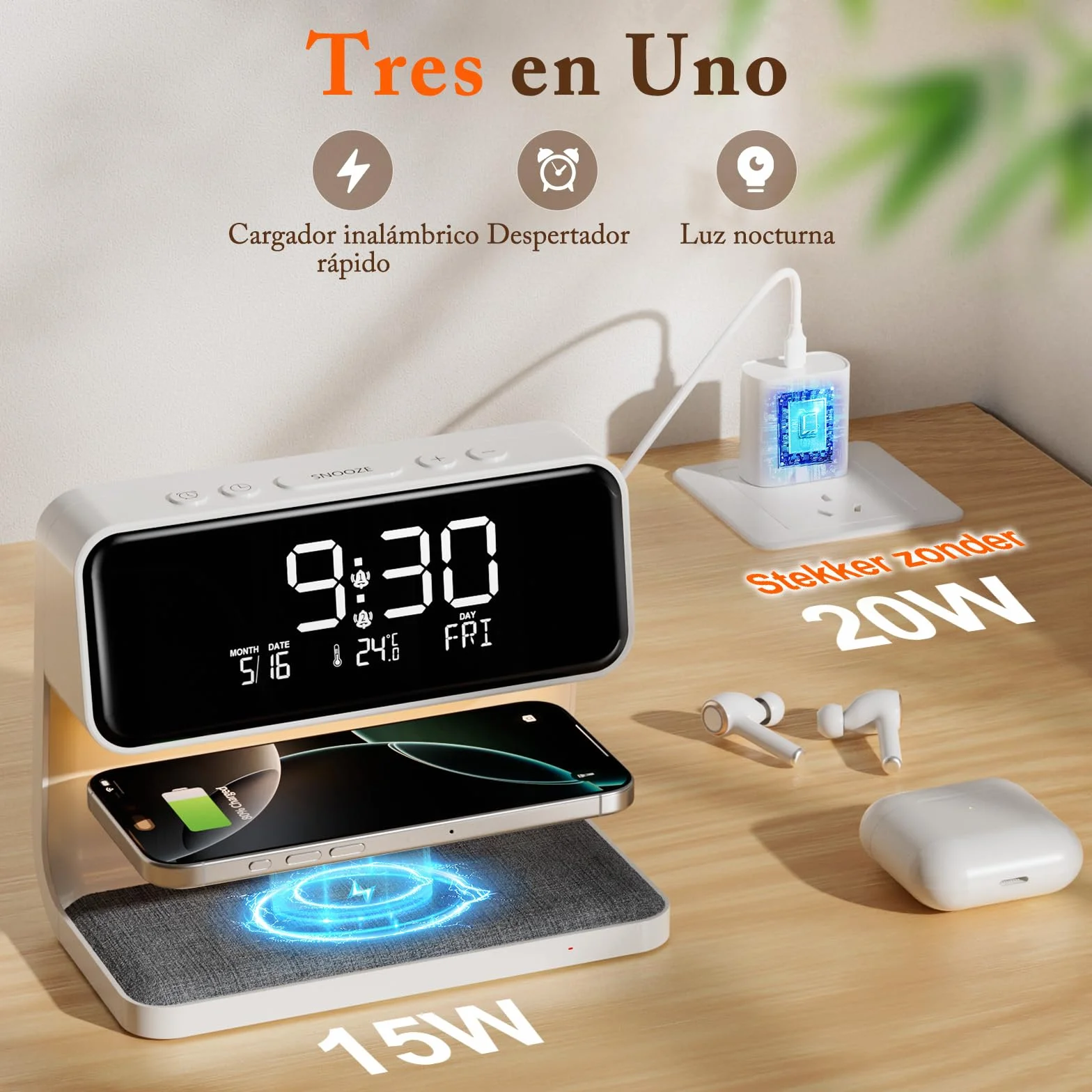 Despertador Digital, Reloj Despertador con Cargador Inalámbrico 15W, LED Pantalla Temperatura/Fecha/2 Alarmas/Snooze Ajustable/12/24H, Despertador Luz con Control Táctil para Infantil Adultos