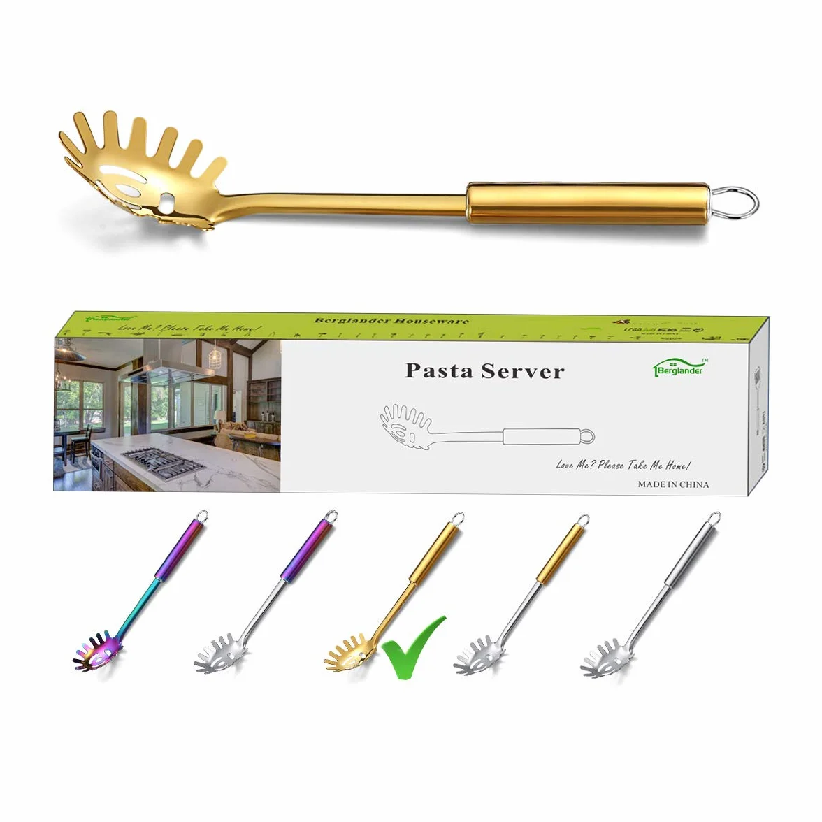 Berglander Tenedor para pasta, Servidor de pasta dorado de acero inoxidable, Cuchara para espagueti, Servidor para espagueti dorado con revestimiento de titanio, Tenedor Noddle (Dorado)