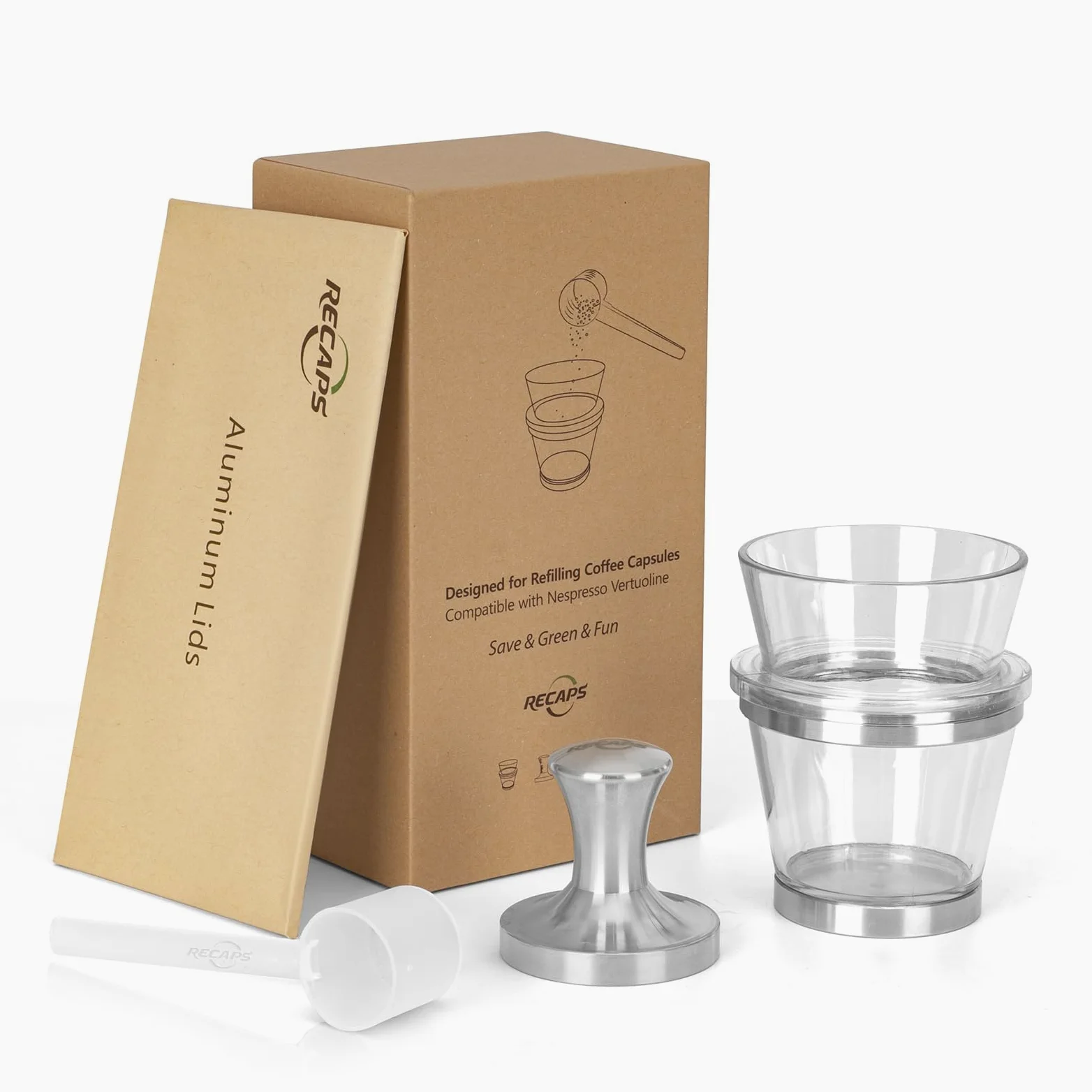 RECAPS Kit de manipulación de portaherramientas de llenado compatible con cápsulas de café Vertuoline (1 manipulación y 1 soporte y 30 tapas)