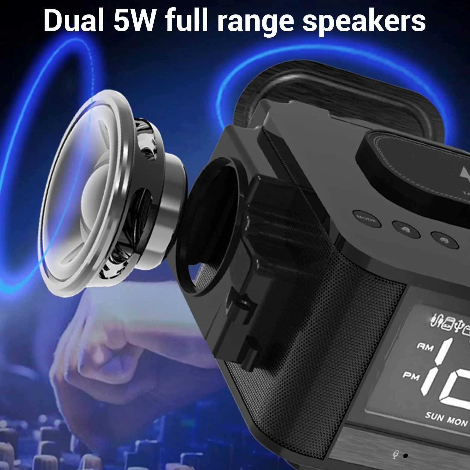 Goshyda Altavoz Bluetooth con Carga Inalámbrica, Radio Despertador para Dormitorios, Reloj Digital Regulable con Estación de Carga de Radio FM, Tarjeta de Memoria y Reproducción (Enchufe de la UE)