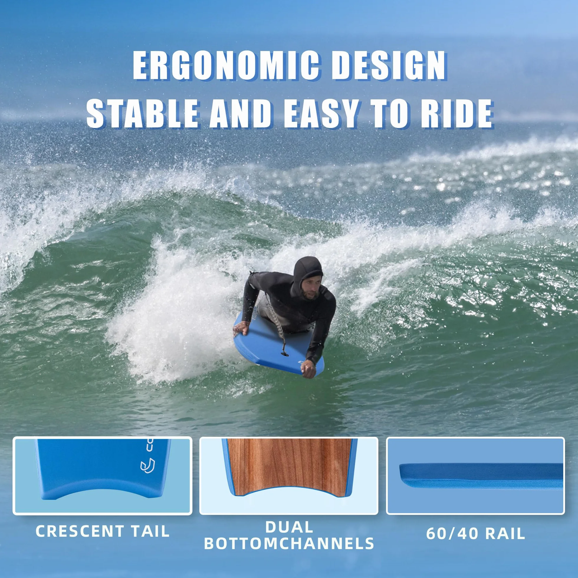Tabla de bodyboard 44 pulgadas EPS IXPE HDPE FRP Stringer Crescent Tail Maelstrom