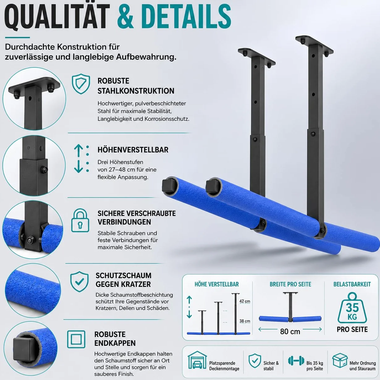 Estantería colgante de techo para kayak, tabla de surf, 2 unidades, azul