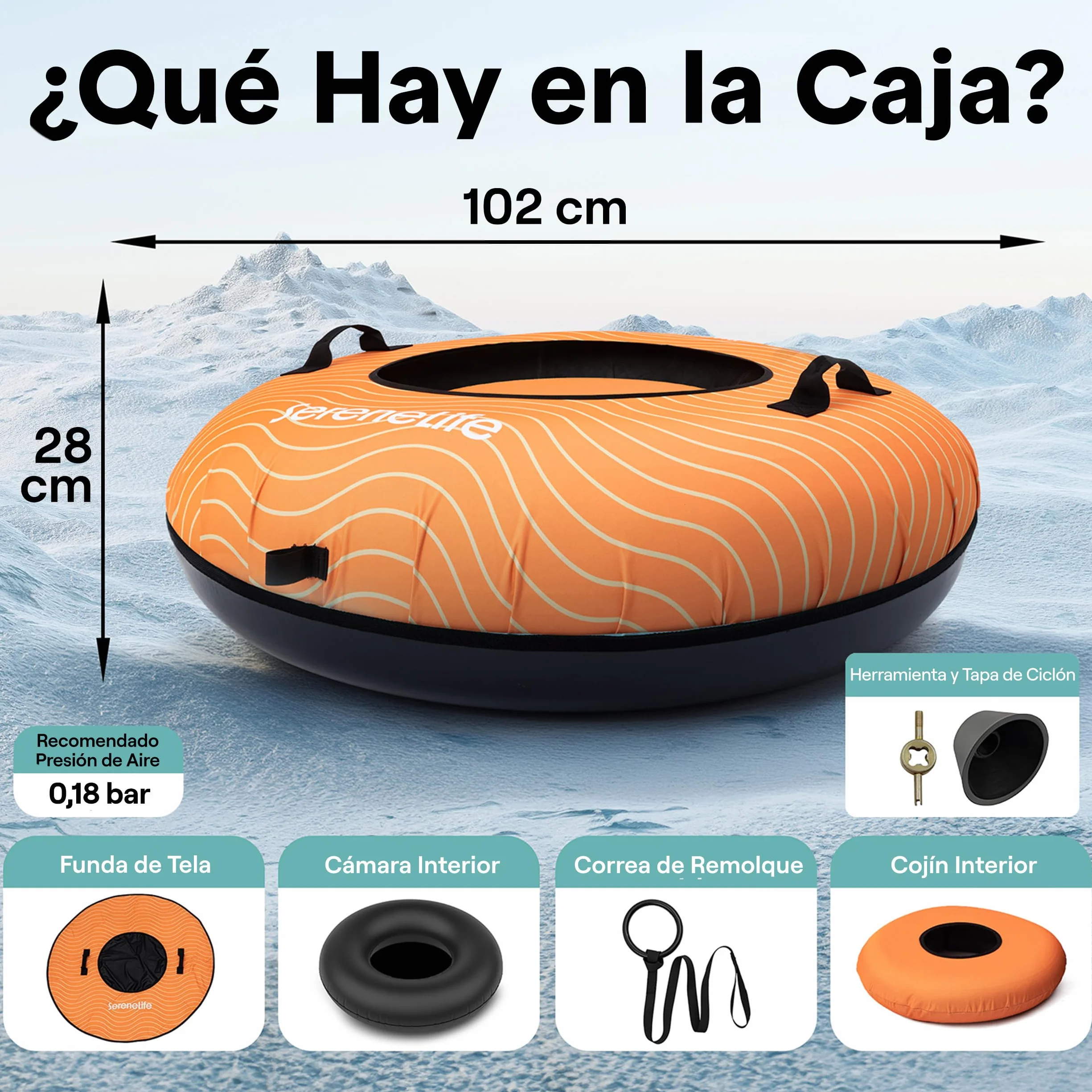 SereneLife Snowtube 101/112/122 cm – Trineo Inflable para Niños y Adultos con Base de Plástico Resistente, Cuerda de Arrastre y Diseño Deslizante para Nieve