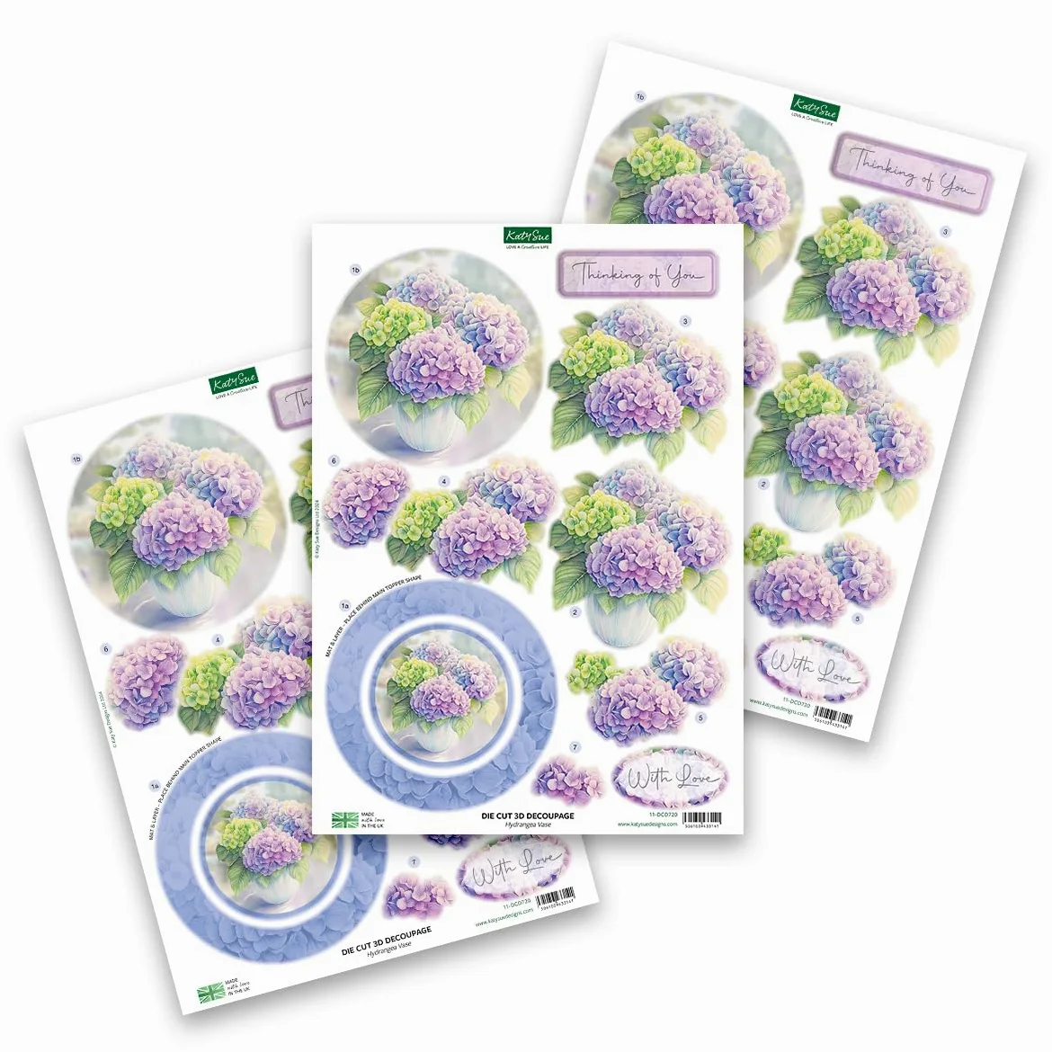 Katy Sue Thinking of You - Paquete de decoupage troquelado 3D. Un paquete de 12 hojas de troqueles para suministros de fabricación de tarjetas con lirios, lavanda, rosas y hortensias