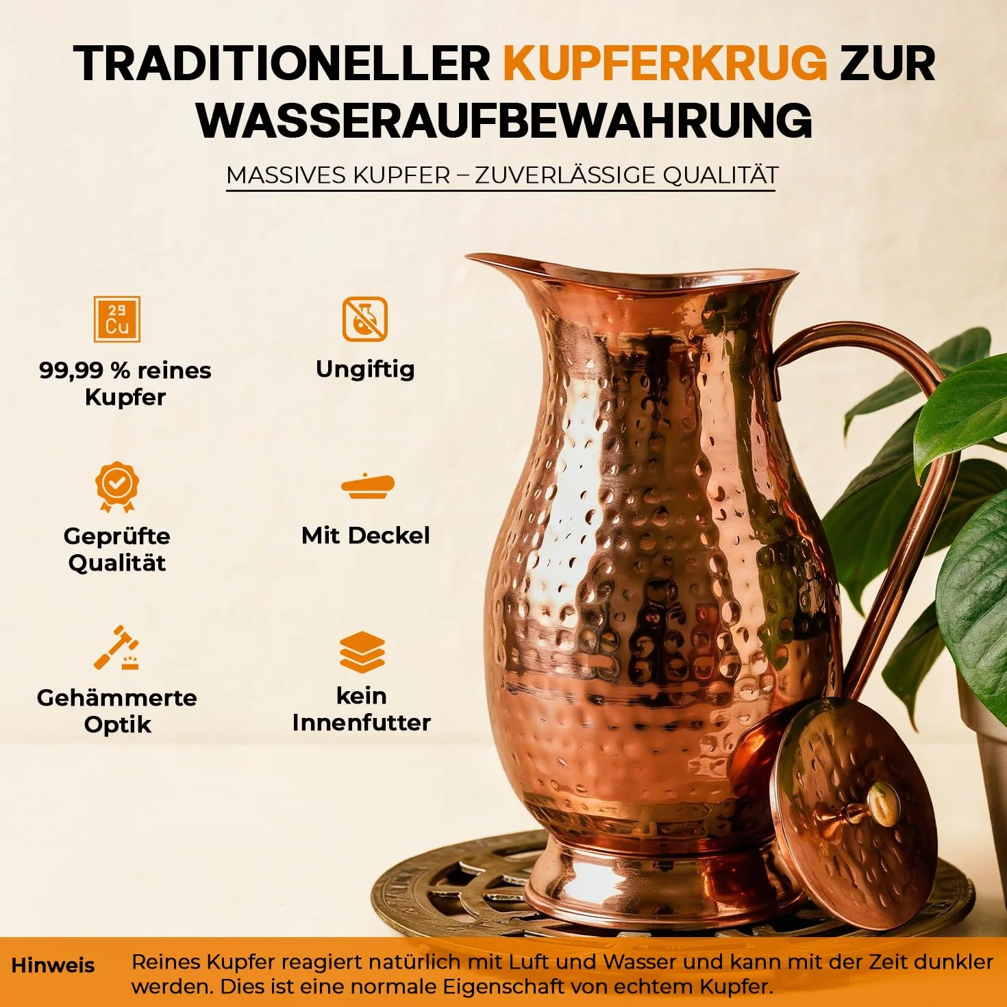 Jarra de cobre puro con tapa, jarra grande de agua de cobre para el hogar, hoteles y restaurantes (Hammered 1600 ml)