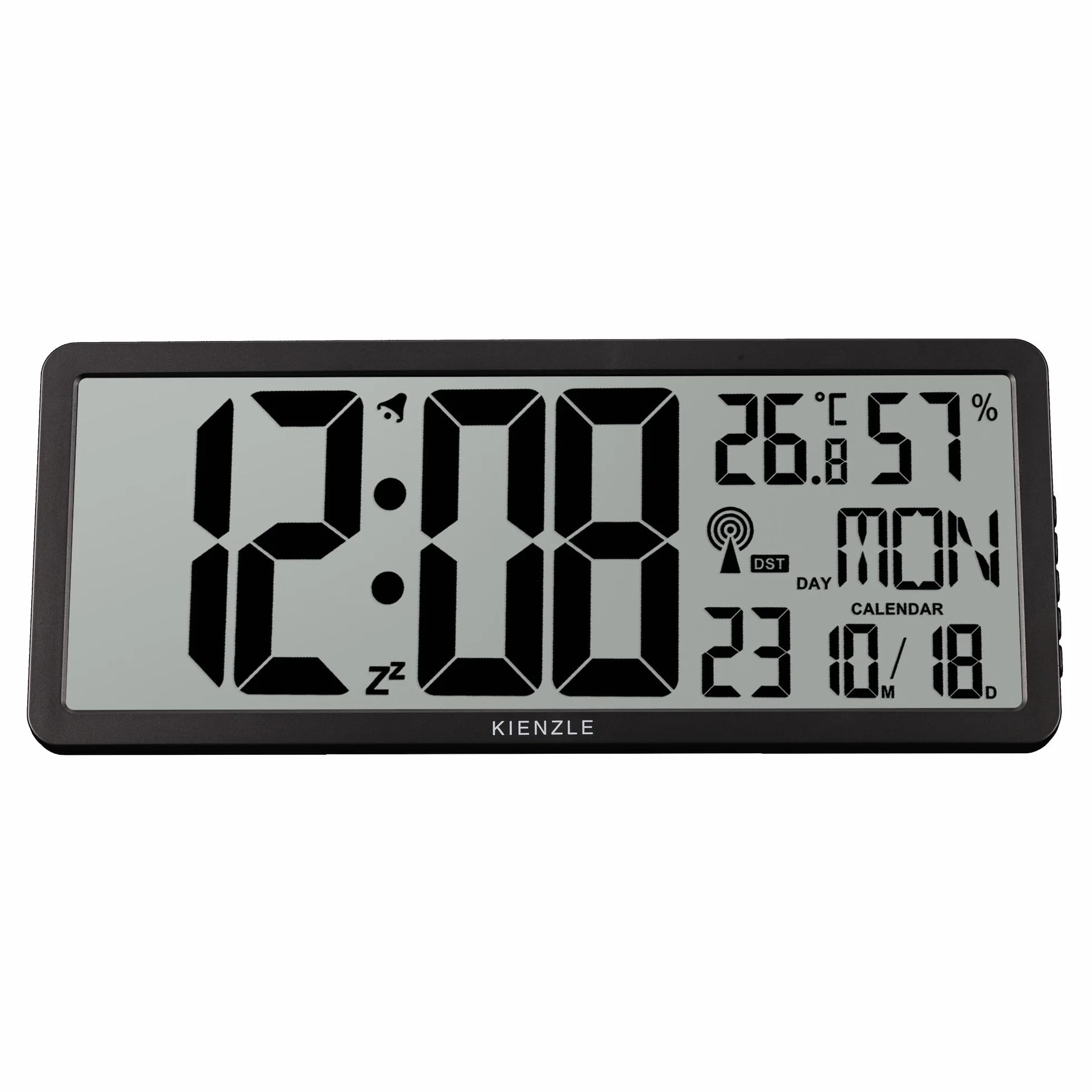 Kienzle Reloj de Pared Digital radiocontrolado XXL con Temperatura y Humedad Interior, Despertador, Fecha, Formato 12/24h, a Pilas, Color Plata