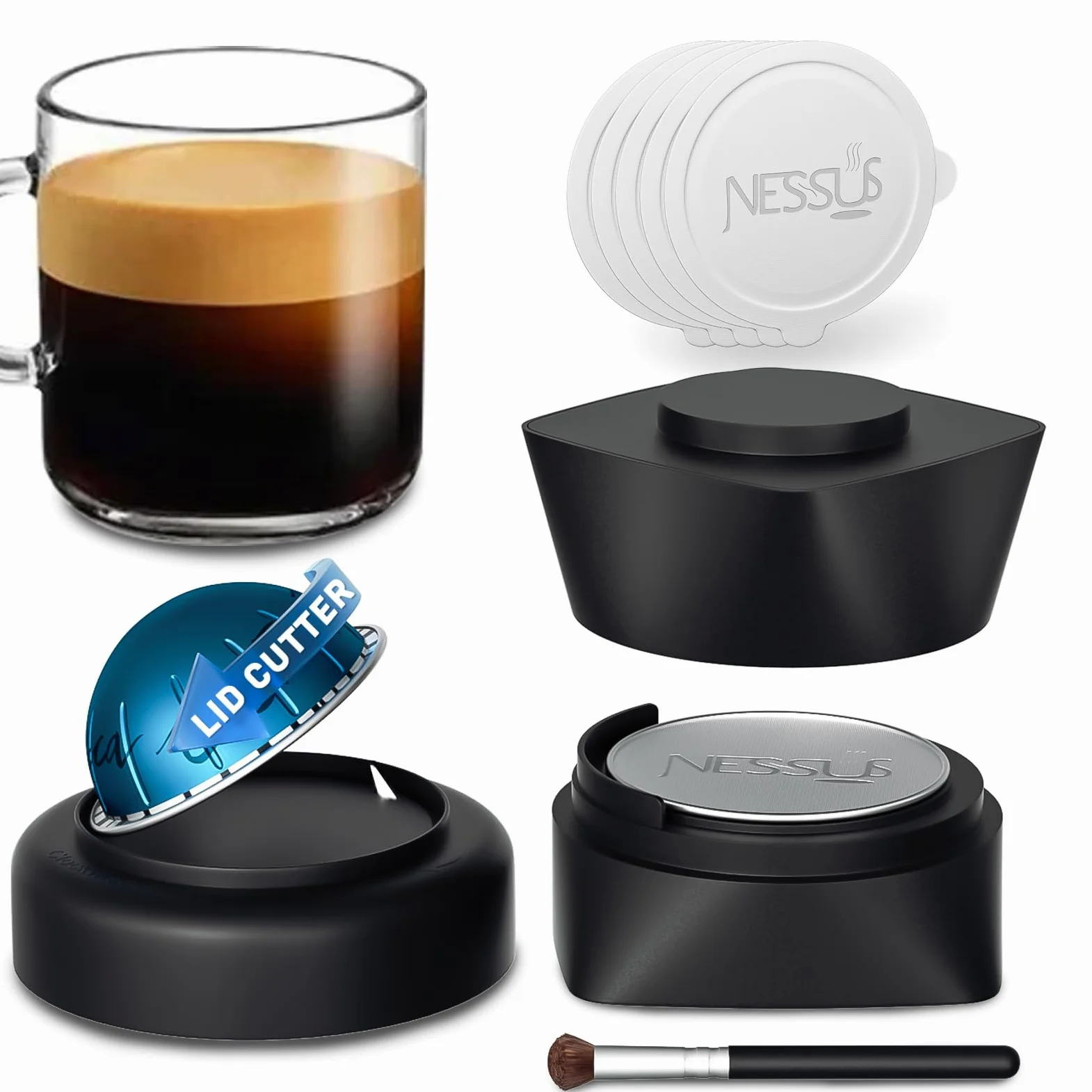 NESSUS Kit de recambio para cápsulas reutilizables Nespresso Vertuo, tapa de apertura rápida para sello original, 50 tapas de papel de aluminio, soporte de cápsulas Vertuo recargables y cepillo