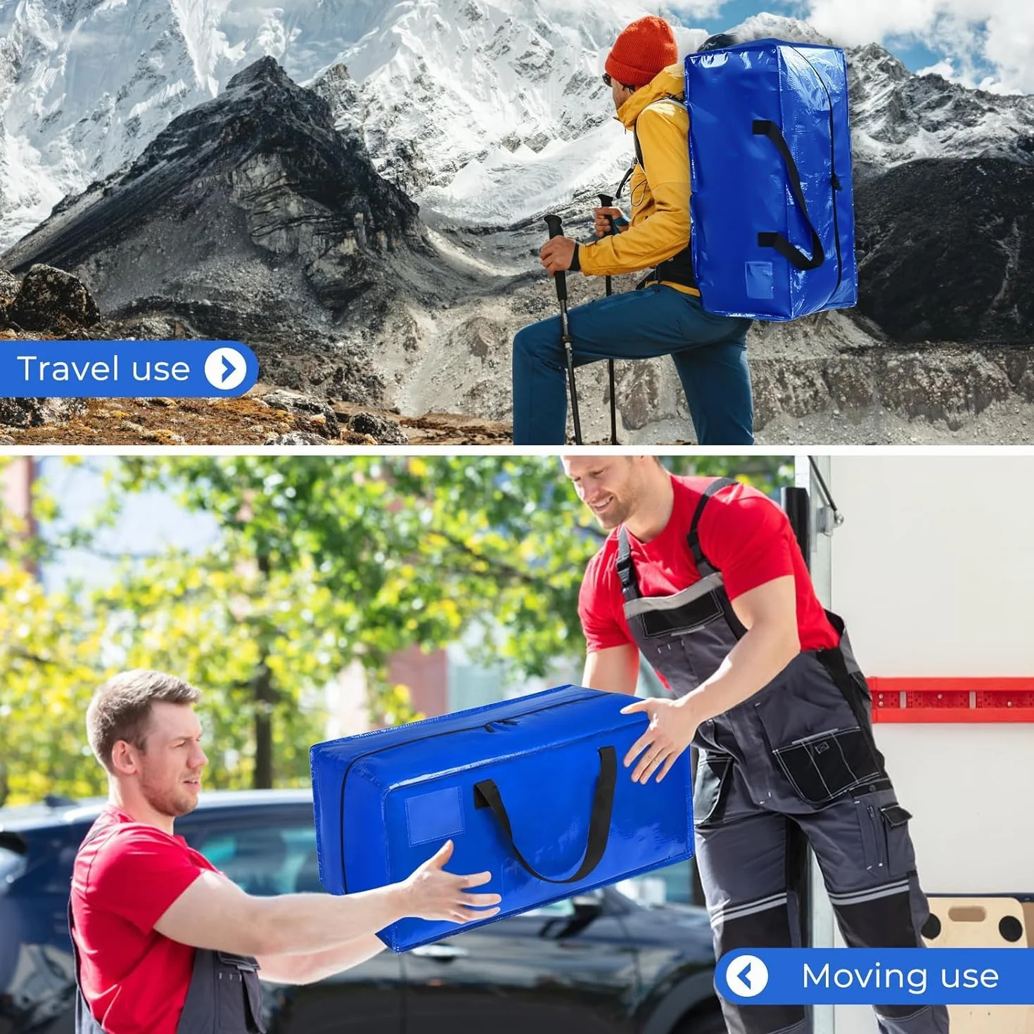 Bolsa Mudanza Grande 90L, Impermeable Bolsas de Mudanza con Correas de Mochila, Cremallera y Asas Resistentes, Bolsas de Almacenamiento Ahorrar Espacio, para Guardar Ropa y Embala