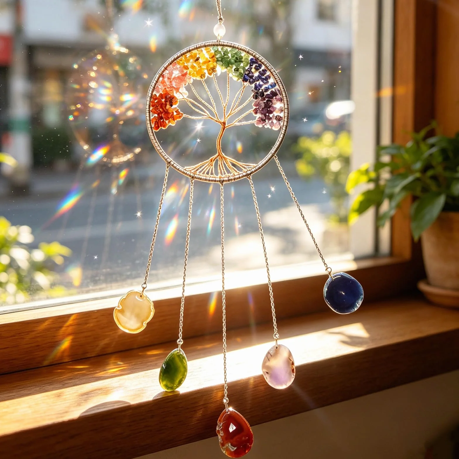 Hoypeyfiy Cristales árbol de la vida atrapasueños, piedra preciosa natural ágata chakra escudo colgante de pared decoración del hogar para meditación yoga arte de pared