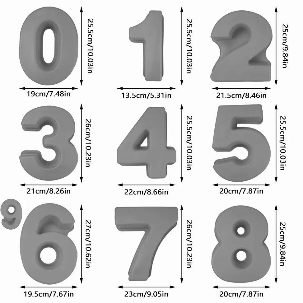 9 Piezas Espesado Silicona Molde Números Tarta 25cm 3D Grandes 10 Pulgadas Para Tartas De Cumpleaños Bodas Fiestas Aniversarios