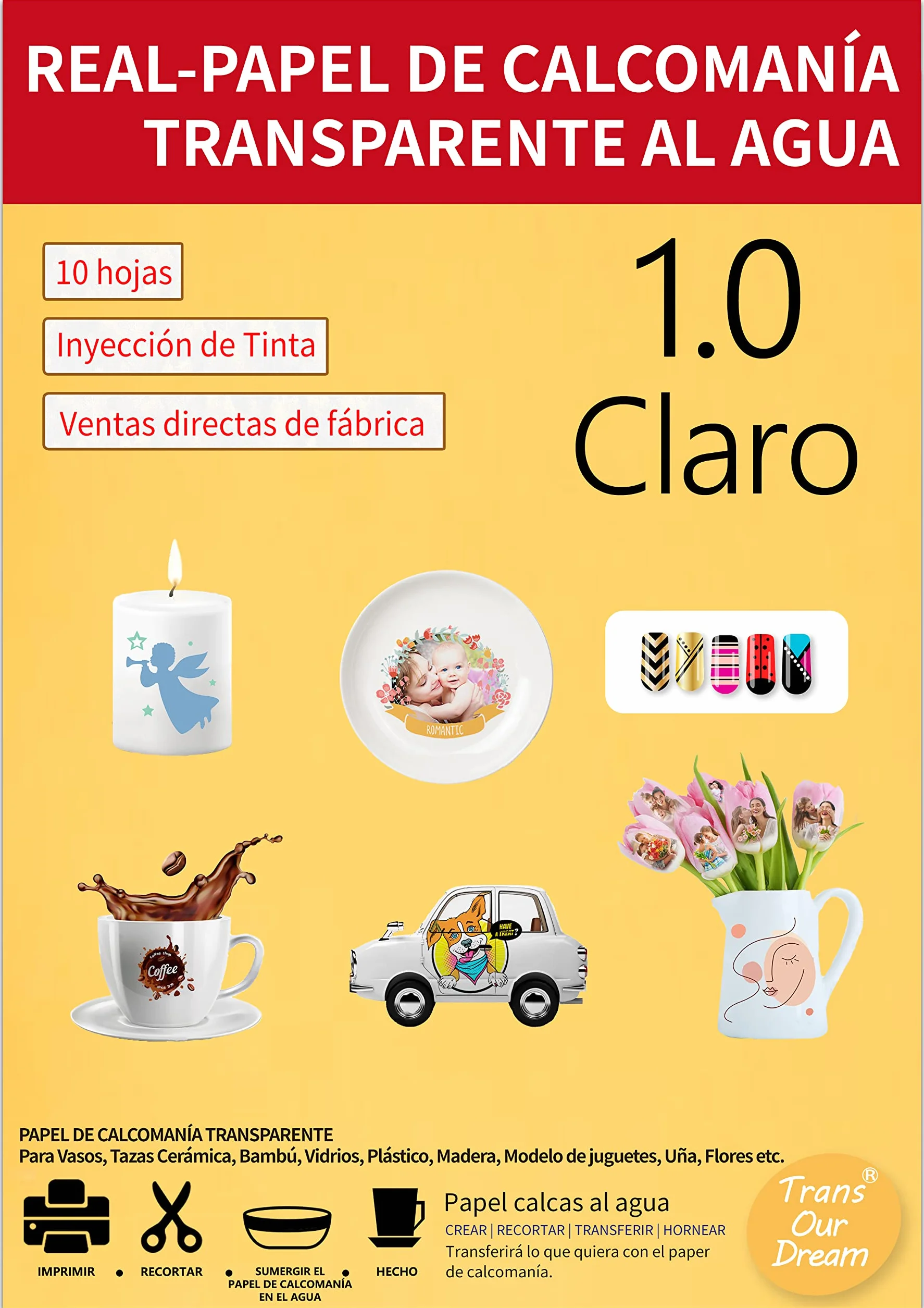 TransOurDream-Marca de confianza,Imprescindible para fiesta,Papel Calcomanía transparente al Agua (A4x10) Waterslide decal paper,Utilizado en vasos, velas, cerámica, etc.ES-6-10