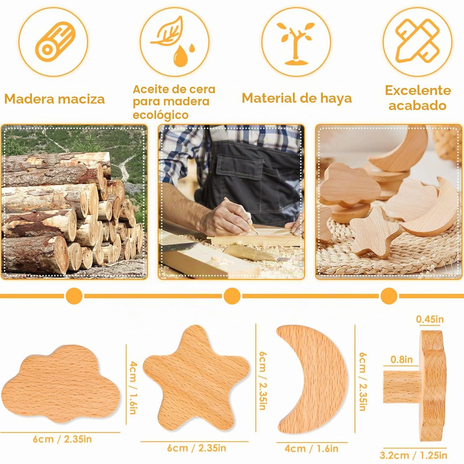 AKONE 6 pomos de madera para armarios infantiles, diseño de estrellas, luna, nubes de madera, para armario, cajones, decoración natural, cajón, habitación de los niños