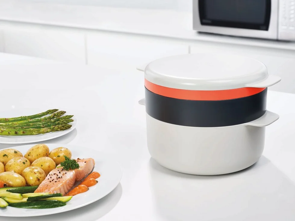 Joseph Joseph M-Cuisine Set de Cocina Apilable para Microondas de 4 Piezas, Olla de 2 Litros, Vaporera, Parrilla y Tapa