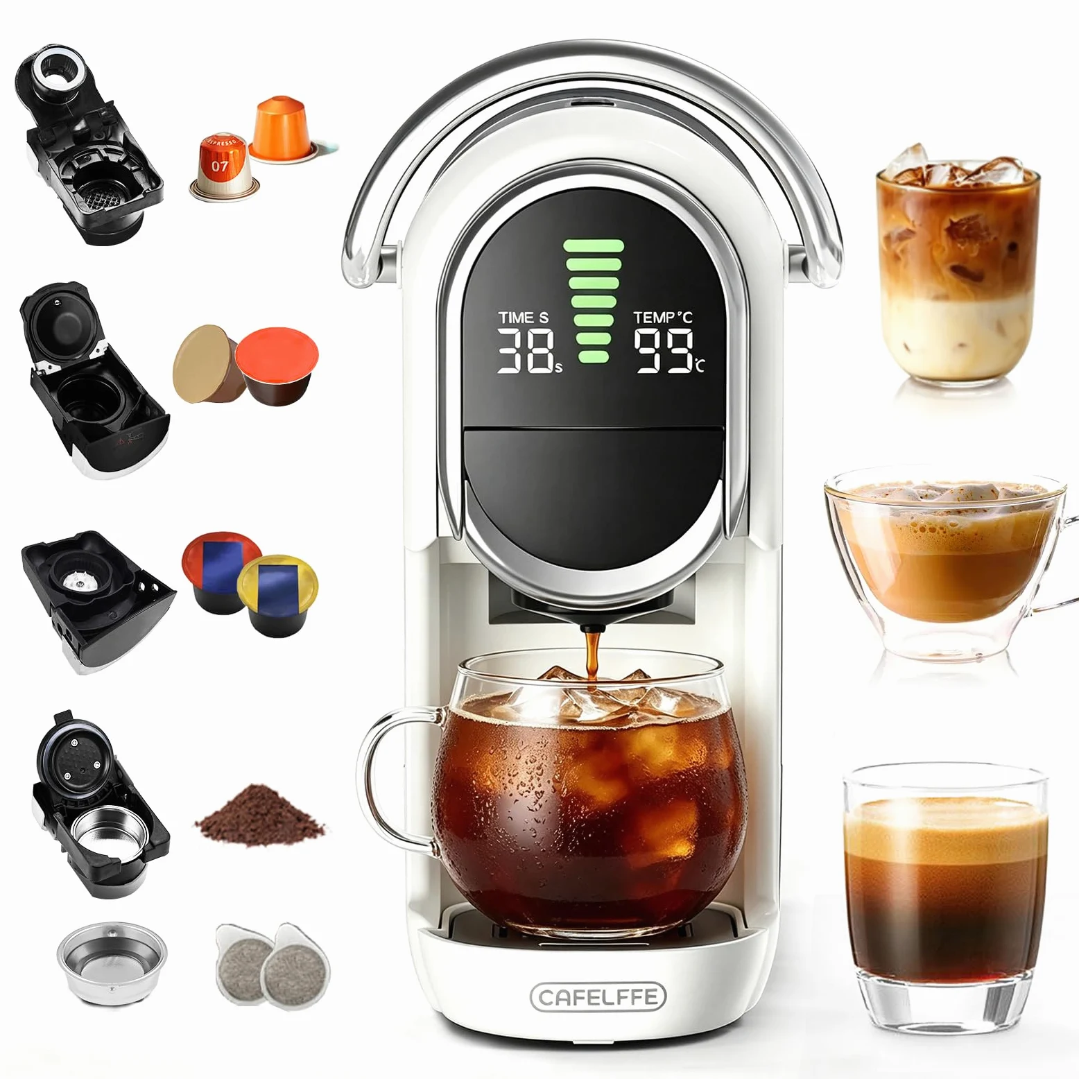 CAFELFFE Cafetera multicápsula 5 en 1 compatible con NS*/DG*/ESE*/A Modo Mio y Coffee Power, 20 bares, función de preparación fría y caliente, temperatura ajustable y 7 niveles de agua, color blanco