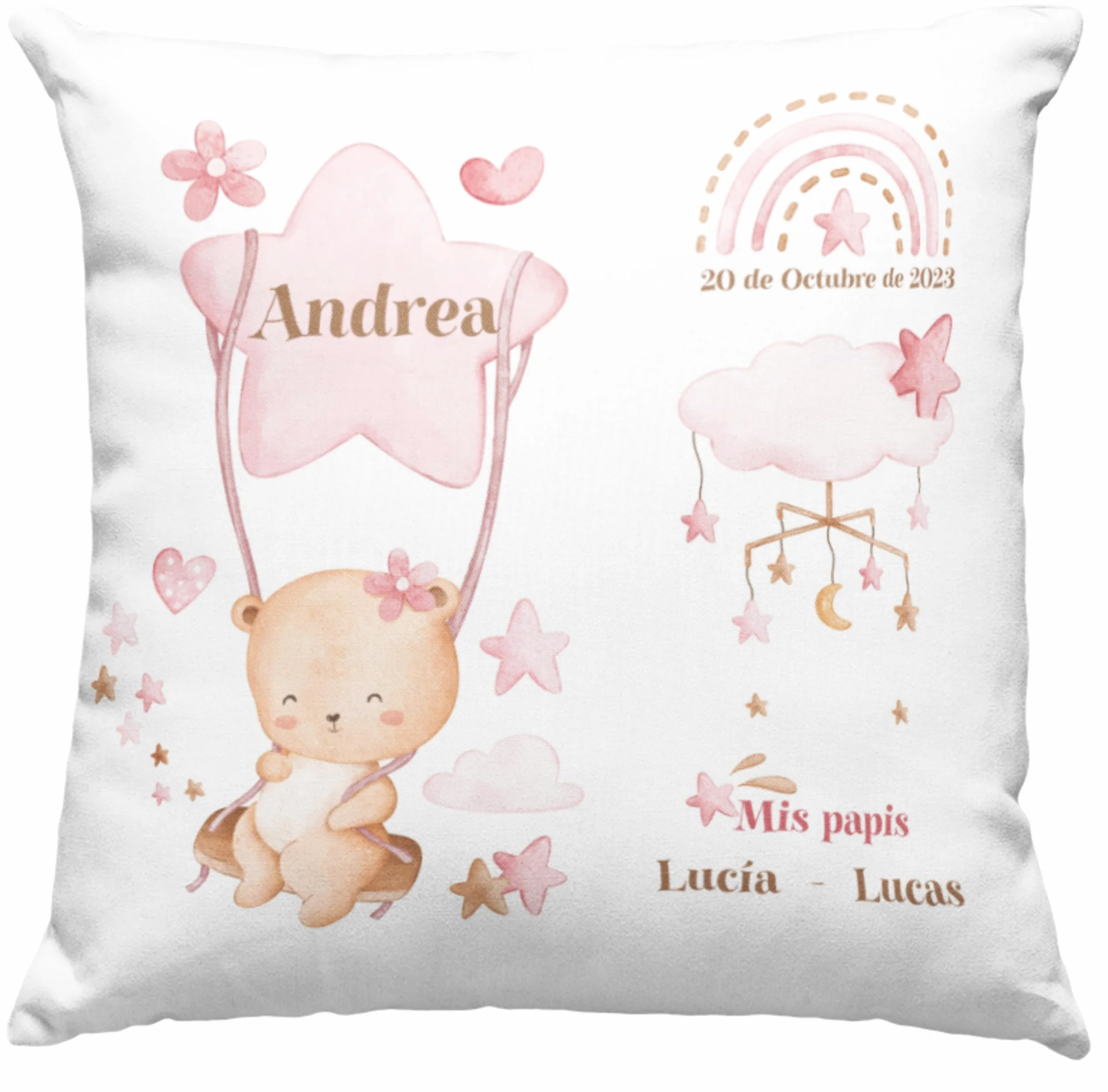 Cojín Personalizado para Recién Nacido, 40x40cm - Cojín Natalicio con Datos del Bebé - Regalo Personalizado (Rosa Pastel)