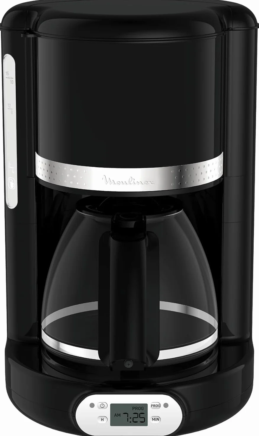 Moulinex Soleil – Cafetera filtro, capacidad de 1,25 L, hasta 15 tazas, control nivel del agua, temporizador programable, función mantener caliente, jarra cristal, color negro, FG380B