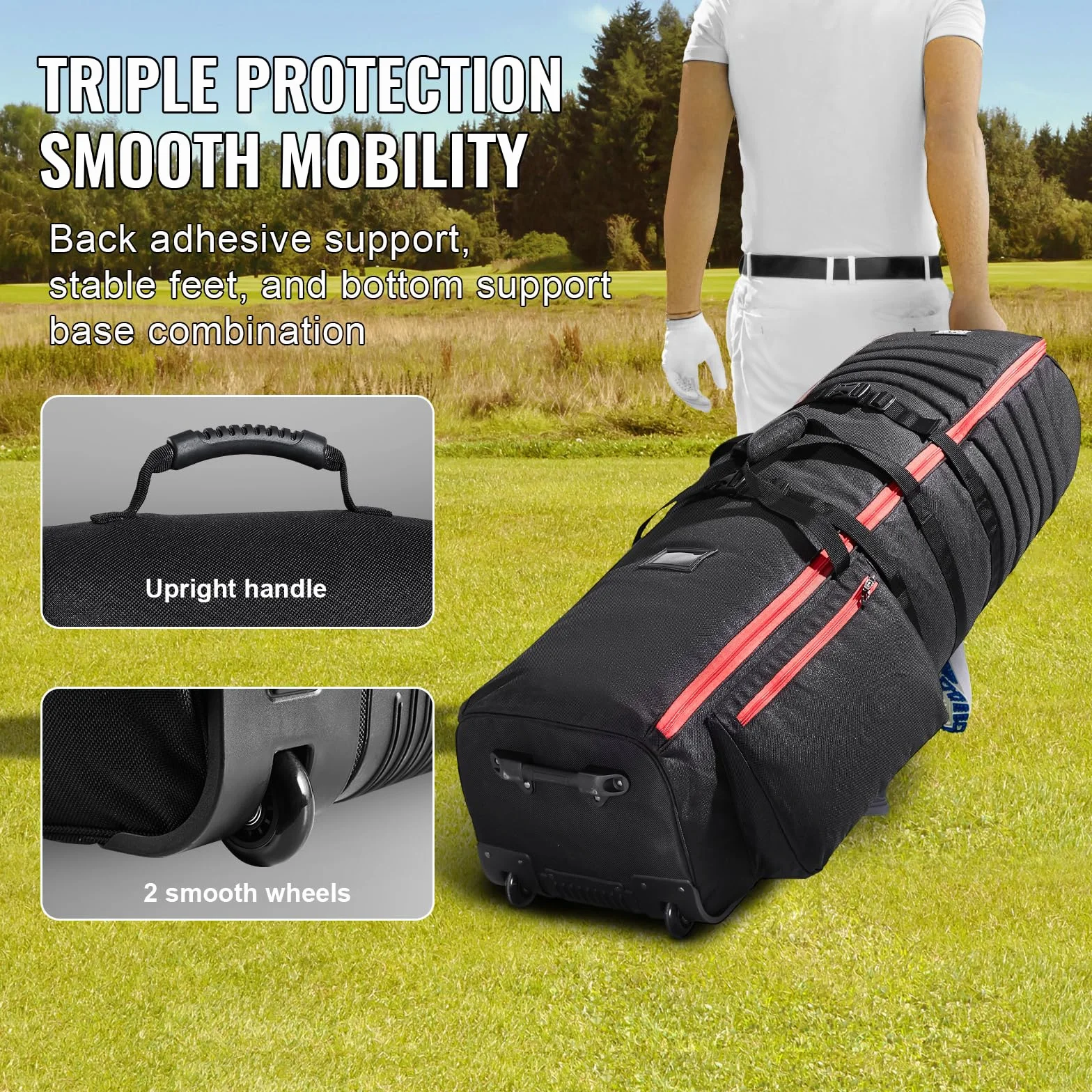 VEVOR Funda de Viaje de Golf Blanda, Poliéster Oxford 1800D, Resistente al Agua, Acolchada, con Ruedas, Plegable, 520 x 450 x 1420 mm