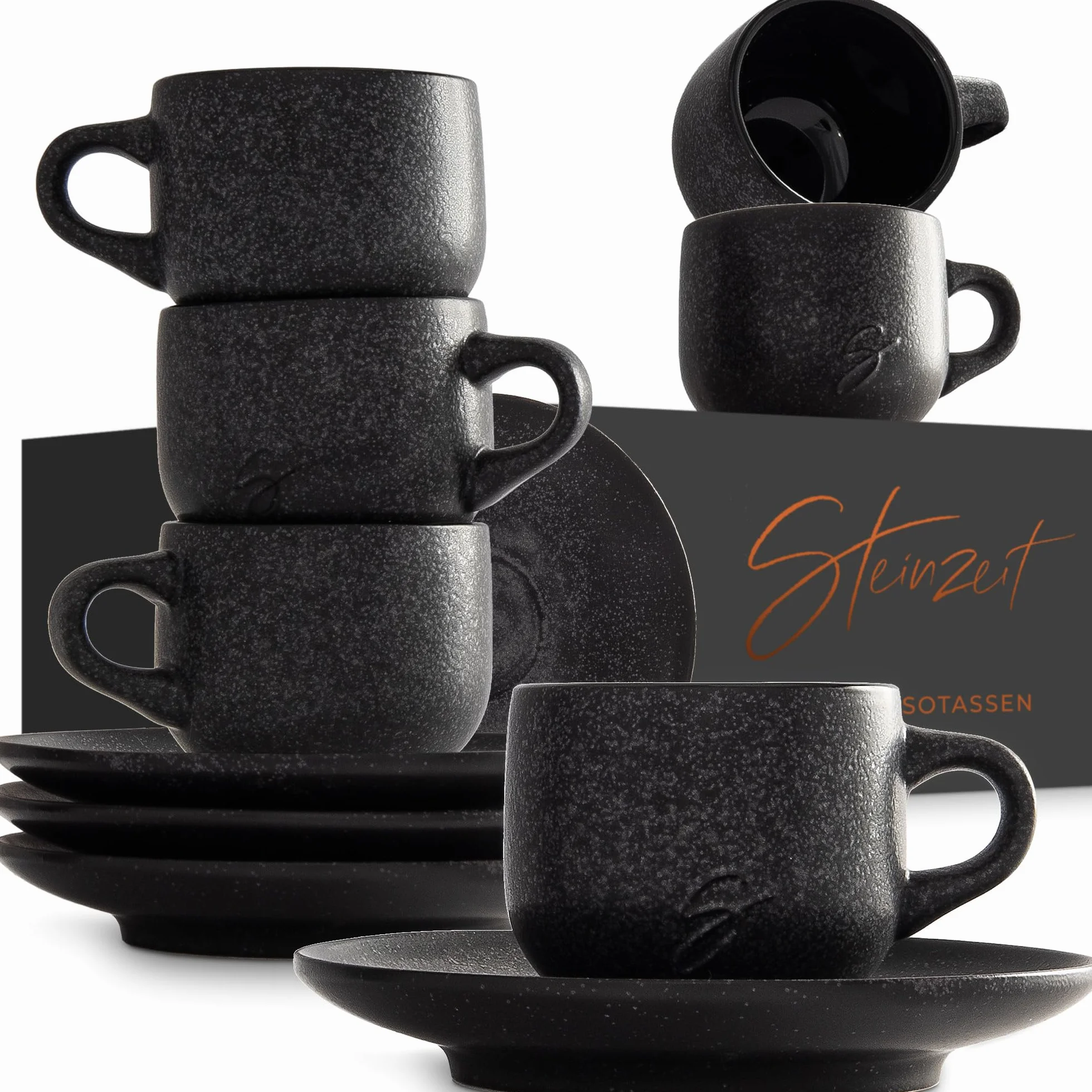 Steinzeit Tazas de espresso diseño (6x80 ml) - Juego de tazas de cafe con platillos a juego - Expresso machiato taza 100% hechas a mano - Tazas de moka apilables en color negro