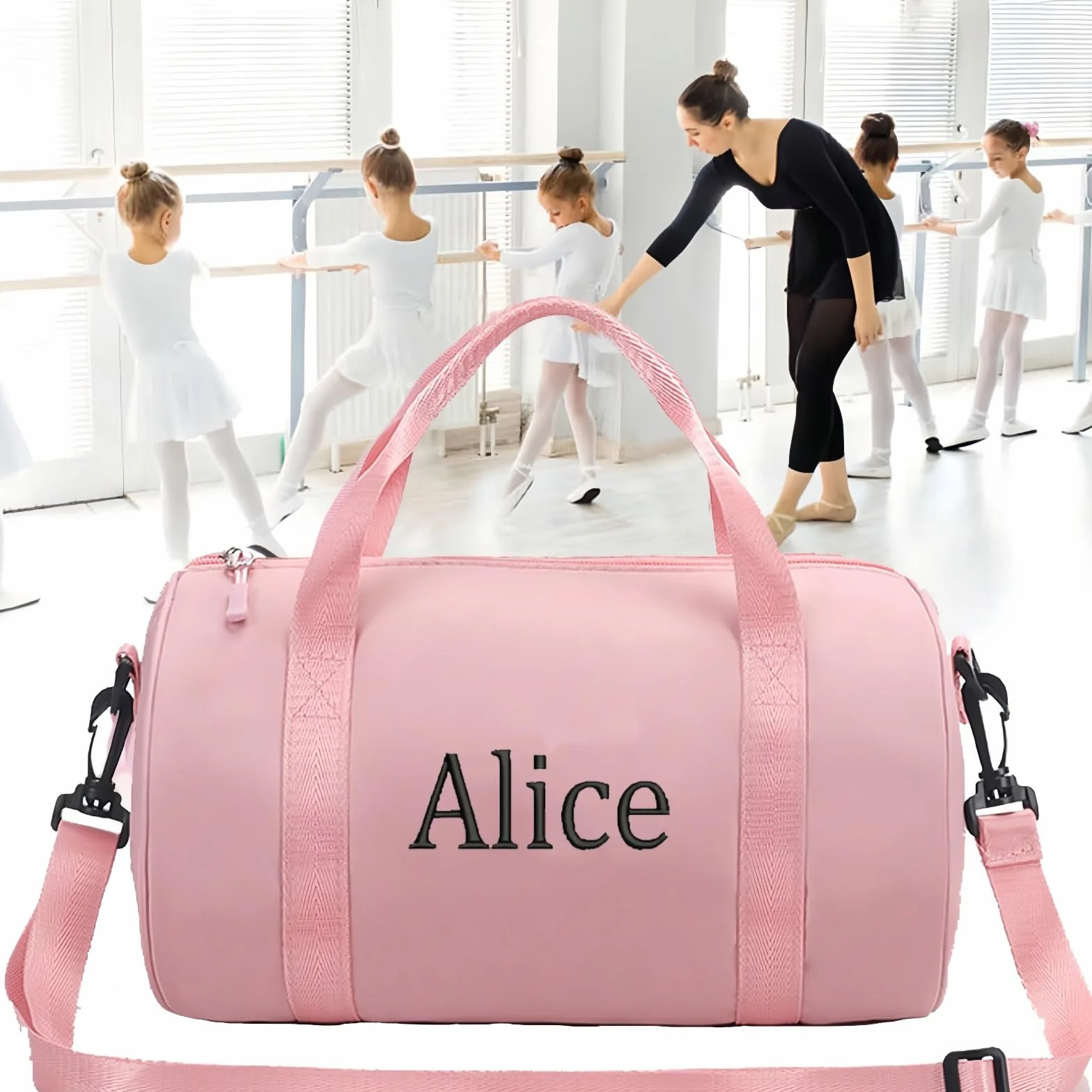 Bolsa de Baile Personalizada con Nombre Bordado, Bolsa de Ballet, Bolso de Yoga y Gimnasio para Mujer 11,8 x 6,69 x 6,69 Pulgadas Rosa