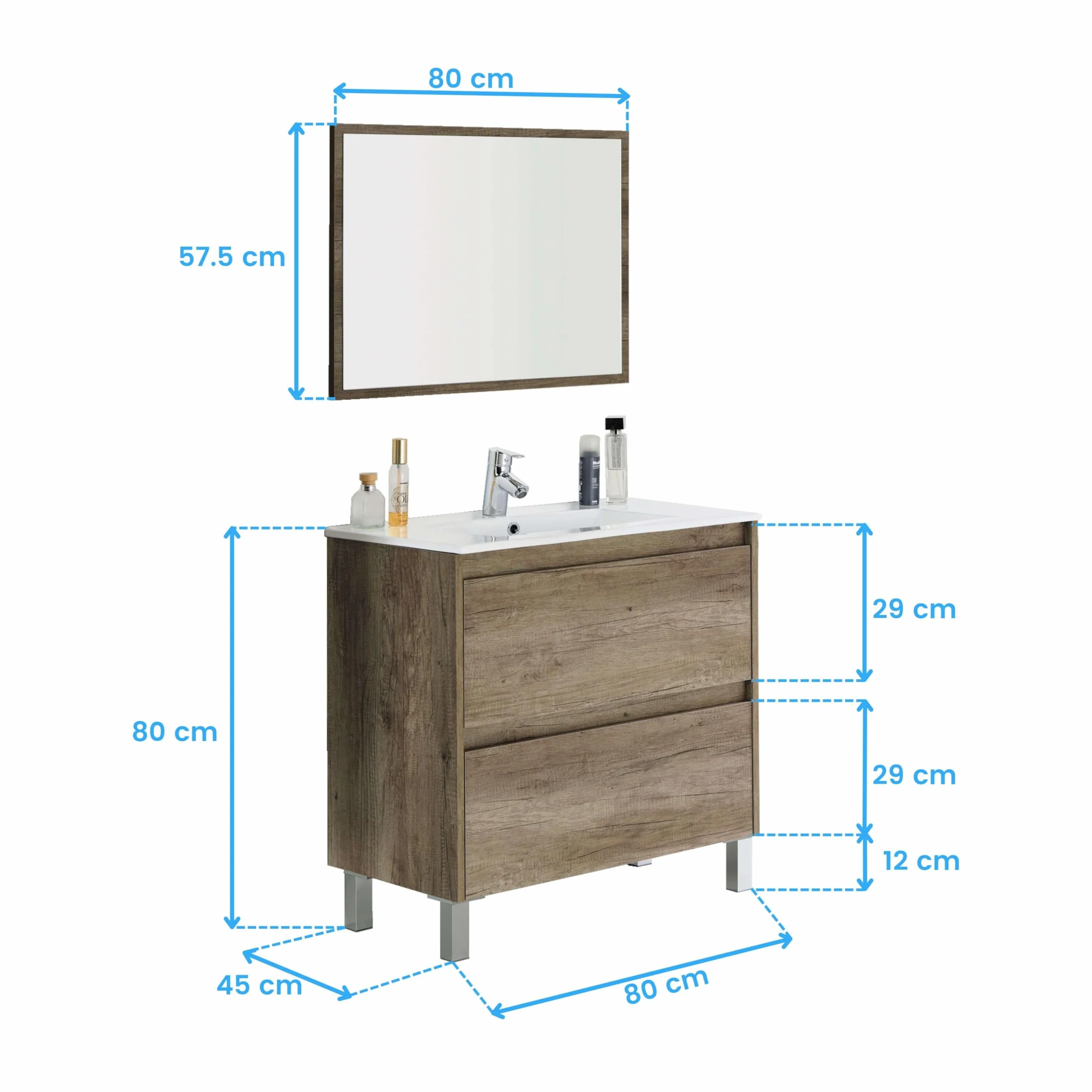 Mueble Lavabo CERÁMICO con 2 CAJONES + Espejo + Columna 2 Puertas