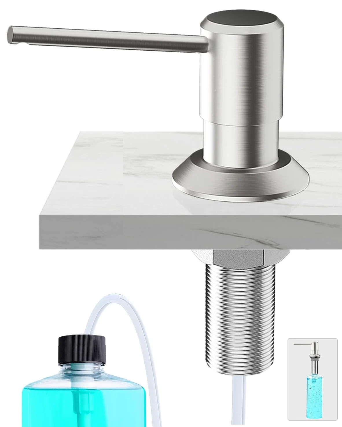 Dispensador Jabon Cocina Bajo Encimera, Dosificador para Fregadero | Dispensador de Detergente con Botella de 300ml y Manguera de 1,2 M, Dispensador Líquido Cobre, Tuerca Metal, Cepillado Plata