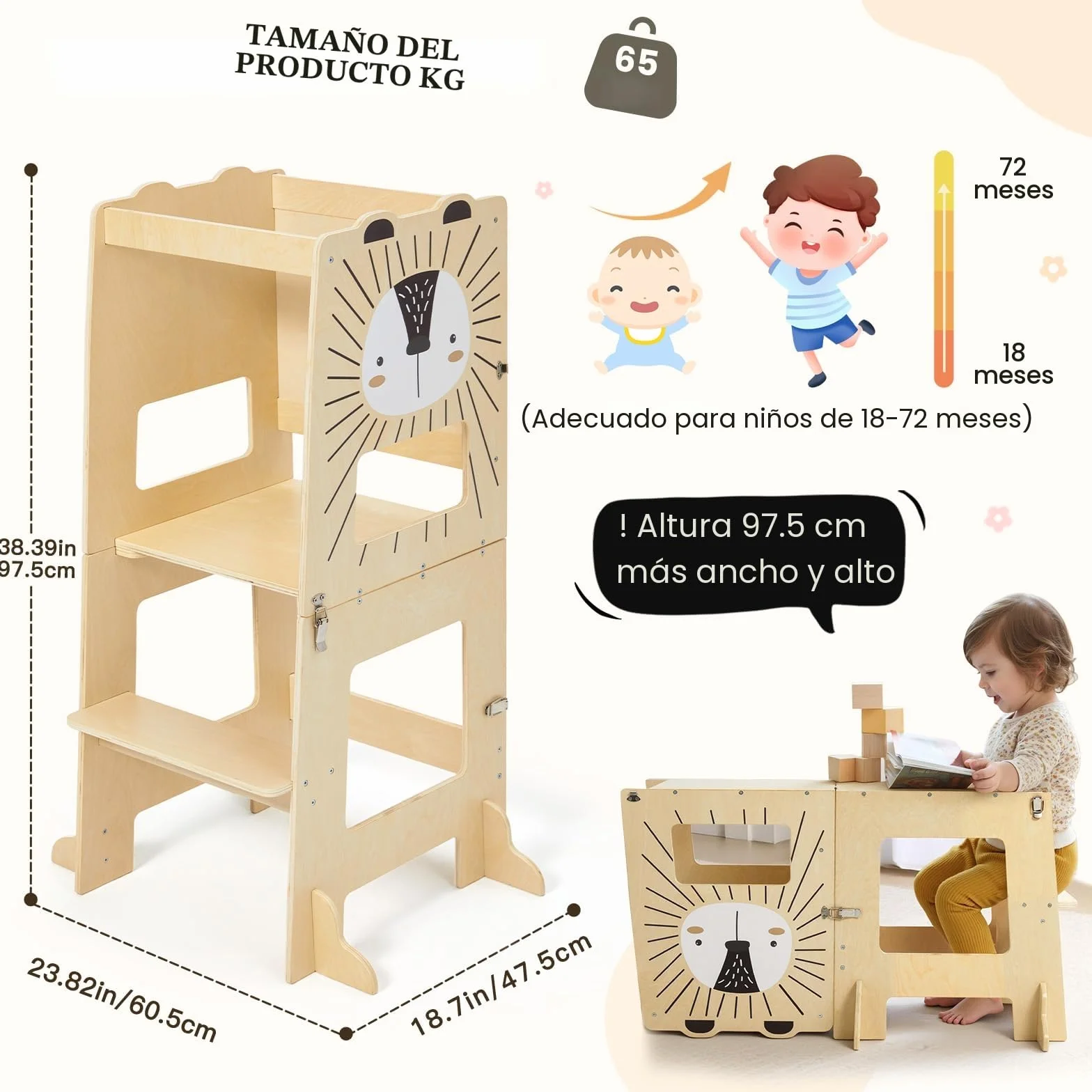 Labebe Torre de aprendizaje plegable Montessori 3 en 1 para niños a partir de 1 año