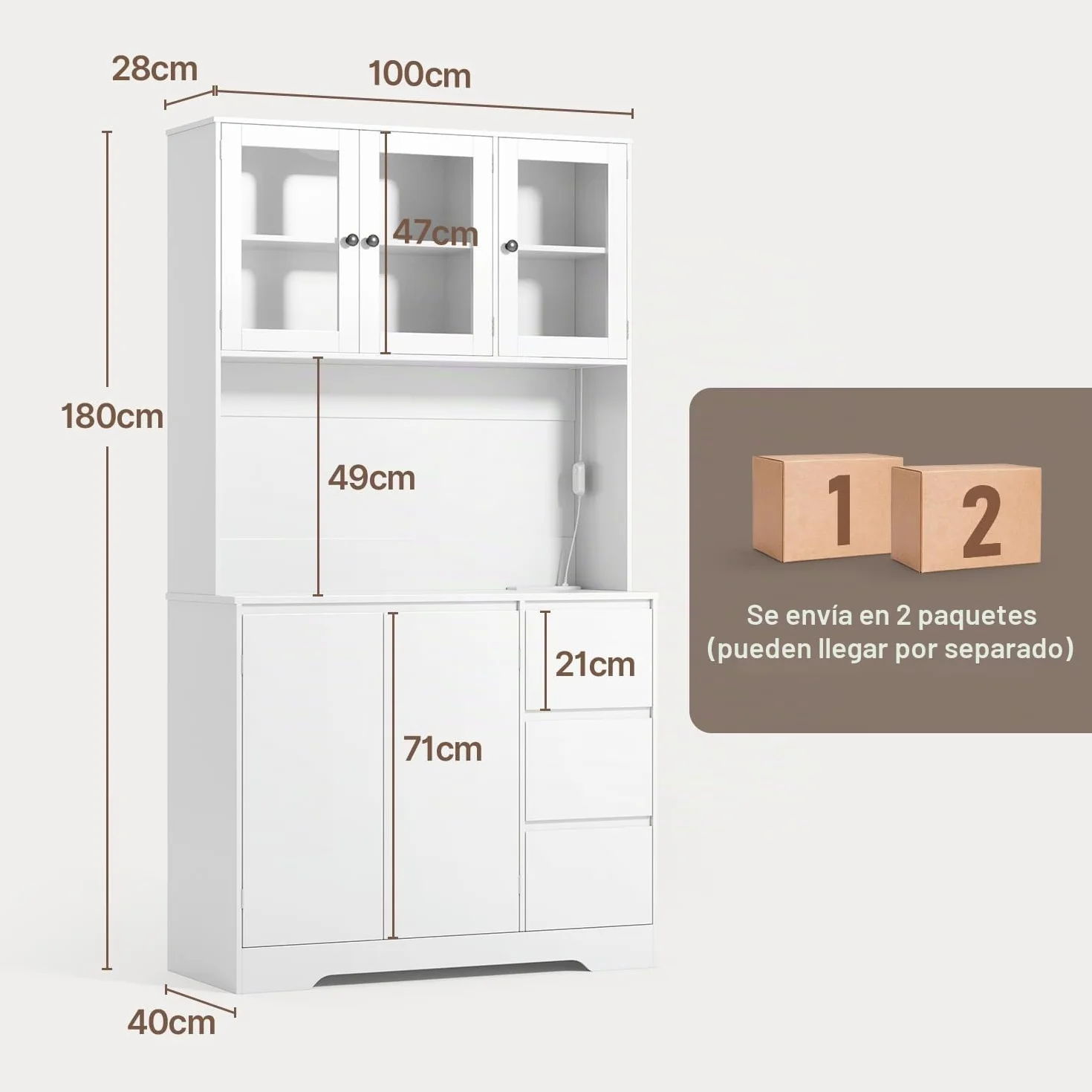 Xbro Alacena de Cocina con LED y Placa Perforada, Armario Cocina con 5 Puertas y 3 Cajones,Armario Cocina Almacenaje para Cocina, Comedor, Salón, 100 x 40 x 180 cm, Blanco