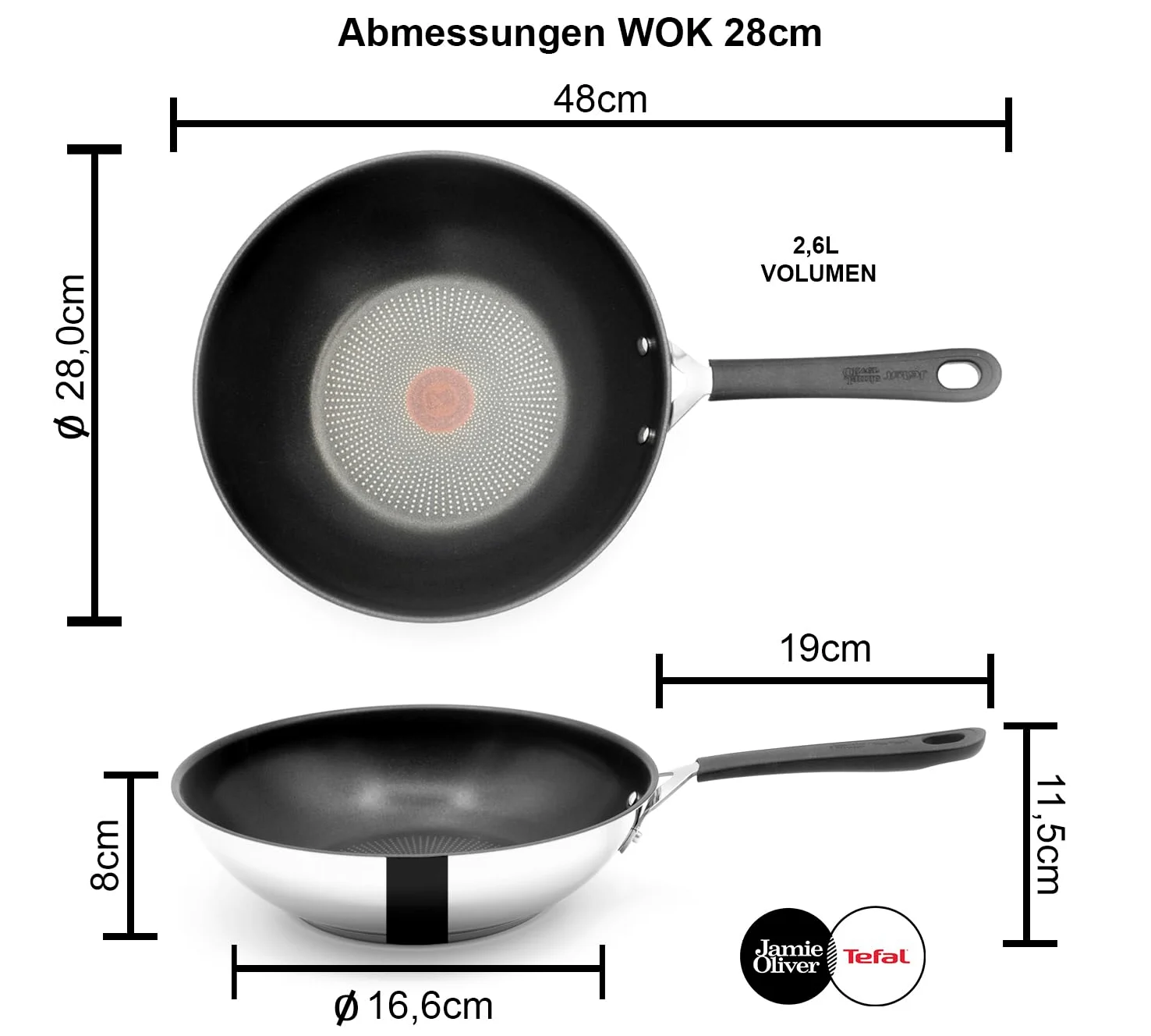 Tefal Jamie Oliver Wok 28 cm inducción, wok de acero inoxidable grande, antiadherente, borde alto, apto para horno, mango remachado, E30