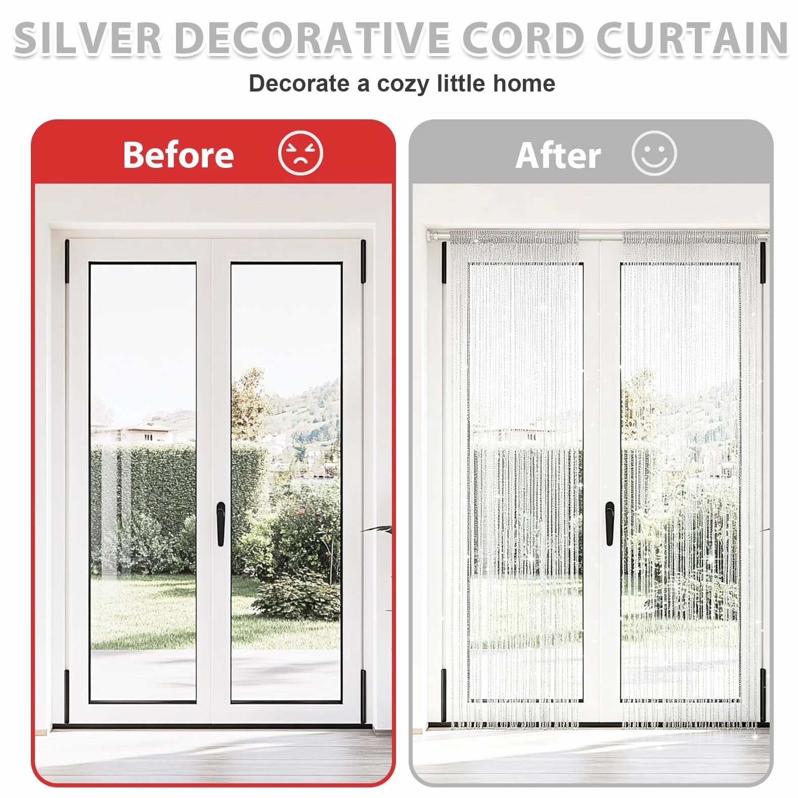 Juego de 4 cortinas de hilos con purpurina, 100 x 200 cm, para puertas y separadores de habitaciones, para bodas, cafetería y balcón, protección contra insectos y decoración en uno (blanco)