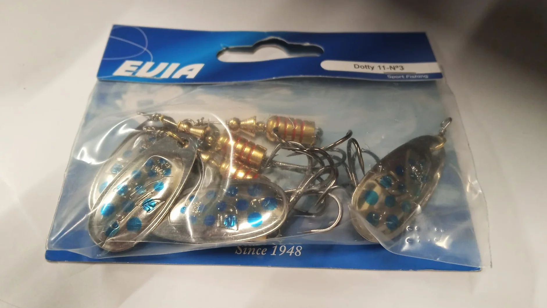 Pack 5 Cucharillas de Pesca Giratorias Modelo Dotty 11 - 7g Plata con Puntos Azules - Señuelos para Trucha, Perca y Lucio