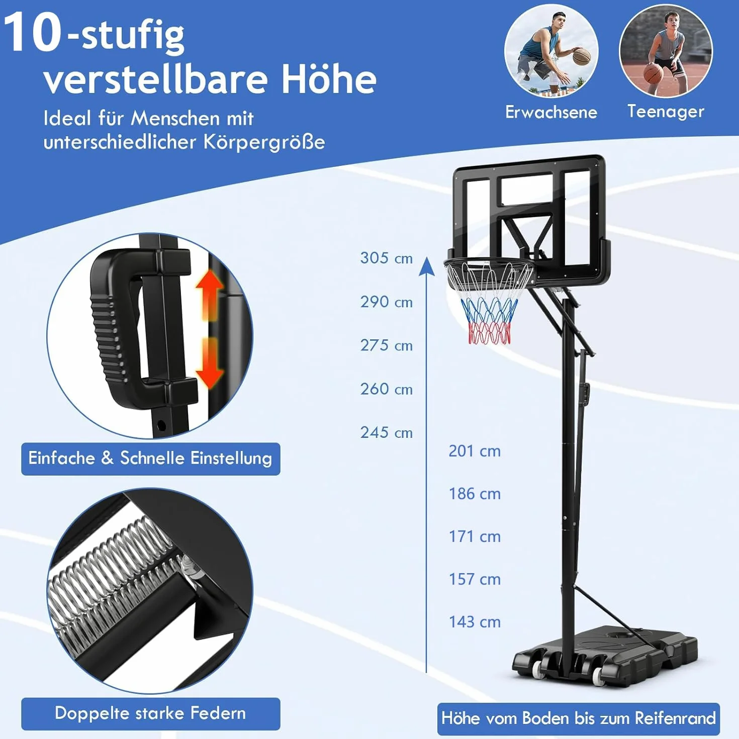 GOPLUS Canasta de Baloncesto Portátil Altura Ajustable 245-305 cm Base Rellenable Exteriores Interiores