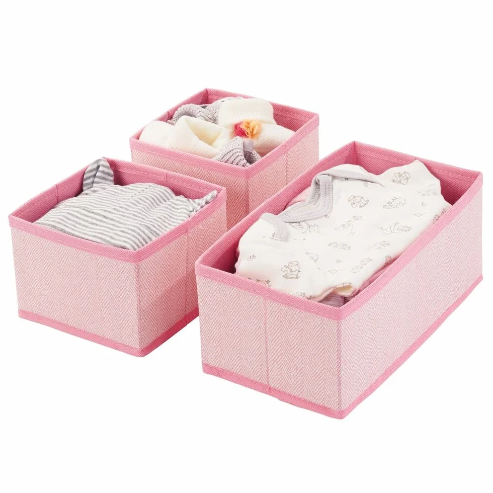 mDesign Juego de 6 cajas organizadoras de tela transpirables con patrón en espiga para habitación infantil - rosa