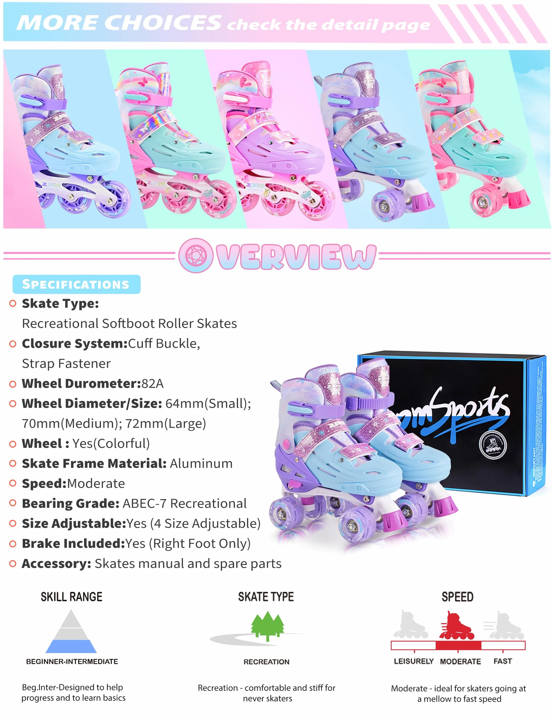 2PM SPORTS Patines de 4 Ruedas Rosa Violeta Niñas Ajustables para Niños Principiantes Interior Exterior