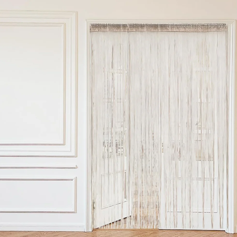 2 Stück Fadengardinen Set, 100 X 200 cm Fadenvorhang Glitzer, Champagnerfarbener Fadengardine Balkontür Fliegengitter, Zimmer Fransenvorhang Geeignet für Hochzeiten, Cafés, Restaurants, Türen