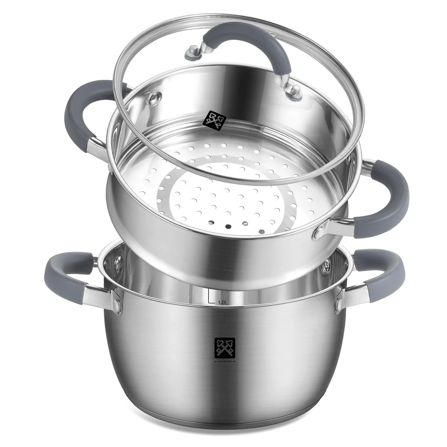 Olla de vapor con tapa de cristal de 20 cm, olla de vapor de acero inoxidable de 3 l, incluye cesta de vapor, inducción, vapor, vapor, olla de cuscús, apta para verduras, sopas, albóndigas, horno y